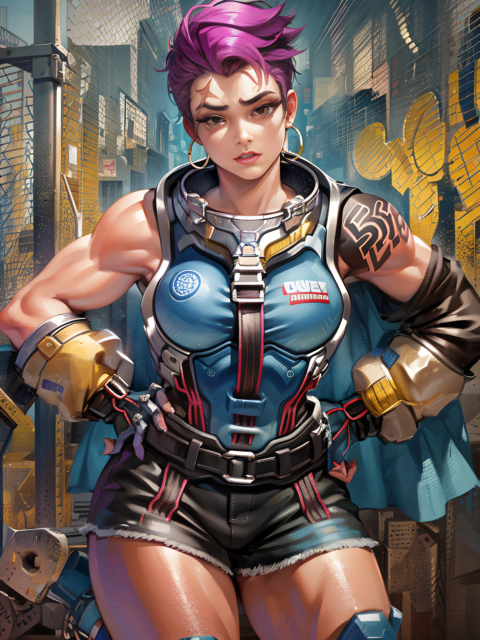 jubilee,short black hair,brown eyes ,lips ,lipstick,dark skin,solo, standing, hands on hips, upper body, close up, jubJak, denim shorts , open yellow jacket, purple shades on head, hoop earrings ,((blue gloves)), pink shirt, blue boots, streets, chain fence, wall with graffiti, retro, (insanely detailed, beautiful detailed face, masterpiece, beautiful detailed eyes, best quality)