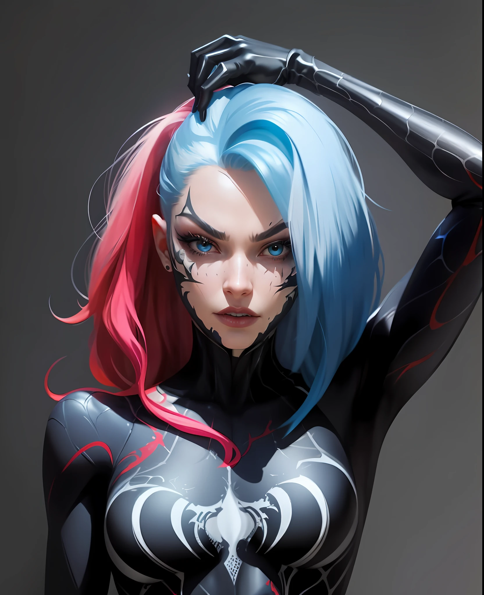 Scenes, Gwen Stacy, Symbiote, Spider Sign, Venom, Masterpiece, Very Detailed, 8k, Realistic, Charismatic, Very Detailed, Clown Girl, Digital Art, Dramatic Shadows and Beautiful Vivid Color Capture. Romantic art style, flat perspective, character standings, ray-traced images of Arthur Pan, trends on Artstation, fierce expressions, red and blue hair, heavy makeup