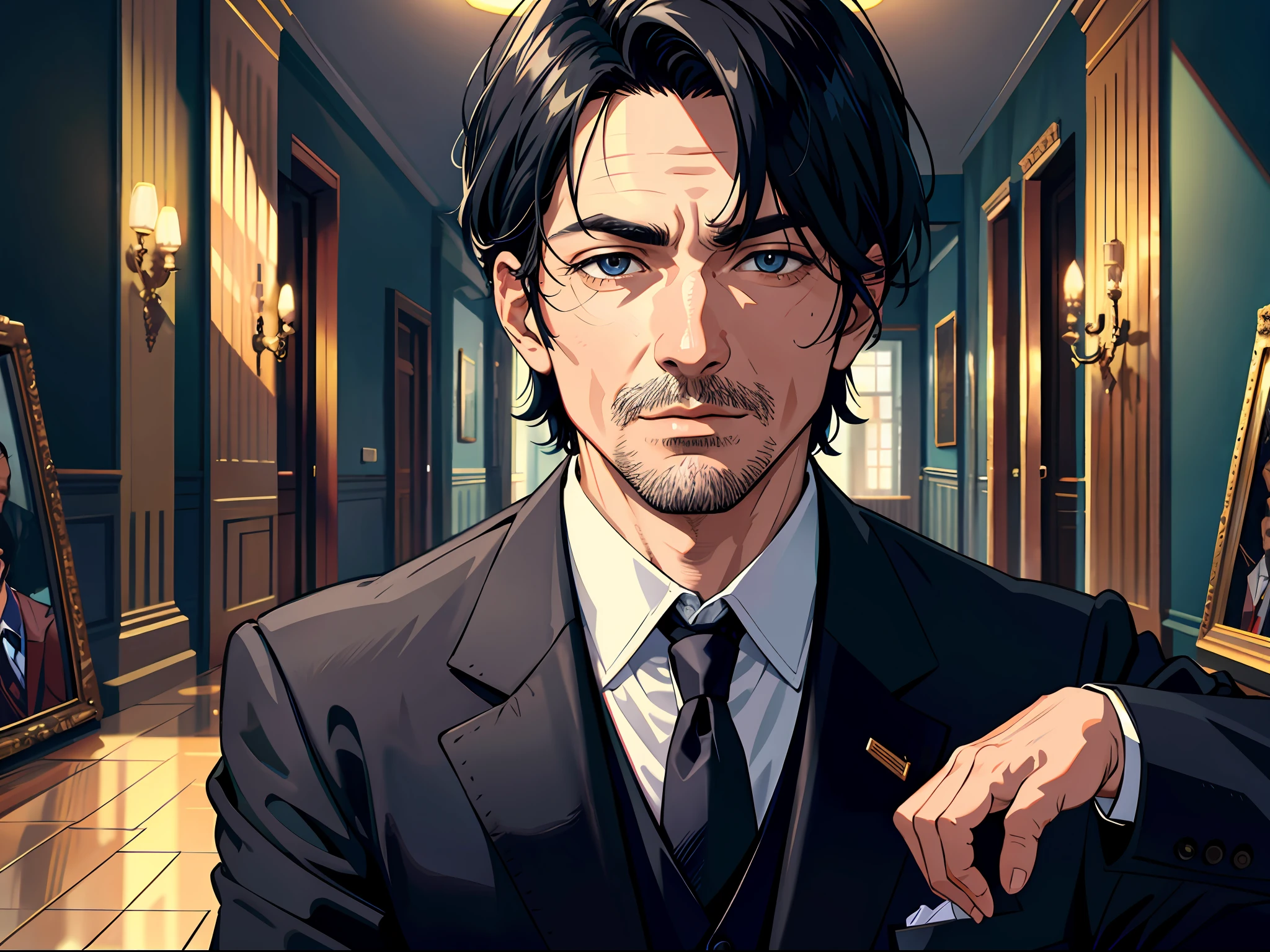 High resolution, highest quality, illustrations, super detailed, (detailed face), (detailed eyes), a middle-aged uncle with black hair and a black suit, sitting in a hall surrounded by others