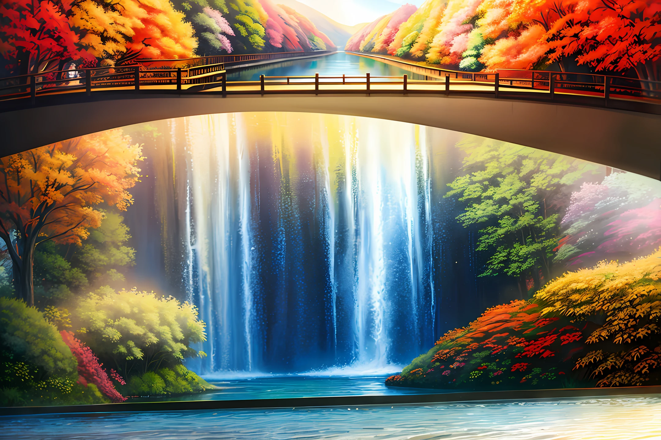 a painting of a covered bridge in the fall, colorful landscape painting, thomas kinkade style painting, beautiful painting, art station landscape, gorgeous painting, scenery artwork, covered bridge, romanticism landscape painting, american scene painting, thomas kinkade painting, a beautiful painting, romanticism painting, highly detailed 4 k painting, painting of landscape, high quality oil painting, 16k