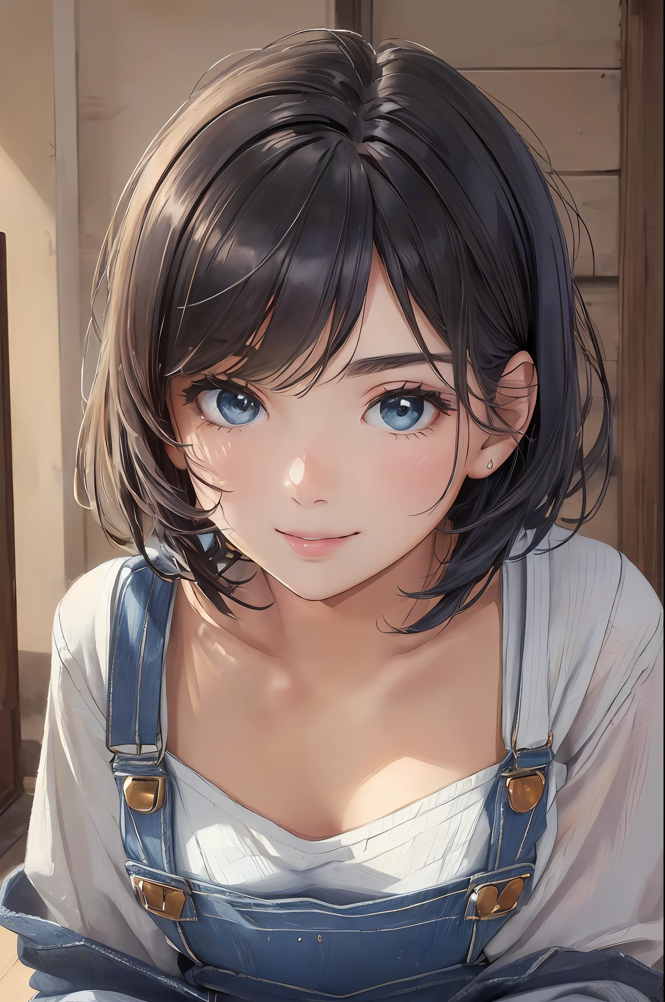 Upper body, oil painting, large white t-shirt, (((oversized blue denim overalls)), (large blue denim overalls)))), (short hair)), sitting on the floor, small breasts, small buttocks, black hair, (ultra high resolution, photorealistic, realistic, best quality, photorealistic), (8K, raw photo, highest quality, masterpiece), (( NSFW)), (Photon mapping, radiosity, physically based rendering, automatic white balance), technical sense, top quality, masterpiece, illustration, CG, unity, wallpaper, official art, amazing, fine detail, very delicate and beautiful, very detailed, sharp focus, rich background, blurred background, (real person, photo), (high detail skin, visible pores ))), (((Close-up of the face))), (((Small breasts)), her face is like a work of art, all features are perfectly balanced and symmetrical. Her eyes are bright green hue with long, thick eyelashes fanned out like feathers. They are framed by delicate arched eyebrows that give her an air of refined intelligence. Her nose is small and straight, with a slightly upturned tip, giving it a playful and mischievous look. Her lips are full and lush, with a sensual and charming natural pouting face. When she smiles, her entire face lights up and you can't help but be drawn into her infectiousness. Her skin is porcelain-like, smooth and perfect, with a natural glow that seems to come from within. It is as if she is illuminated from within, with a glow that sets her apart in any crowd. Looking at her, you can't help but be fascinated by her beauty and know that you will never forget her face.