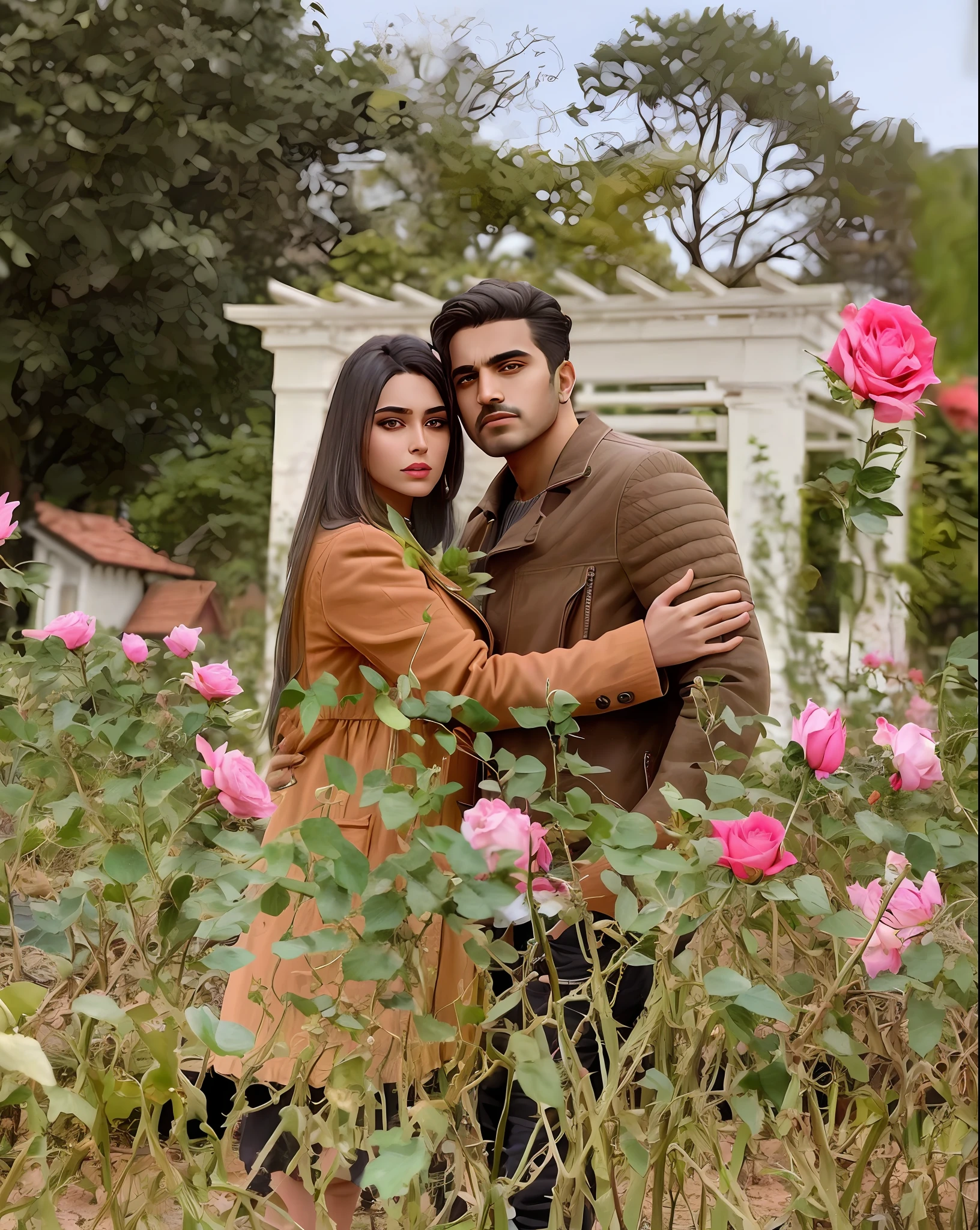 araffe couple in a rose garden with roses and a pergol, 2019 trending photo, with dark grey hair, shooting pose, kyza saleem, warm colors advance, influencer, widescreen shot, various seducing poses, color grading, winter season, from left, cinema still, adreas rocha, labile temper, cute pose 1,1