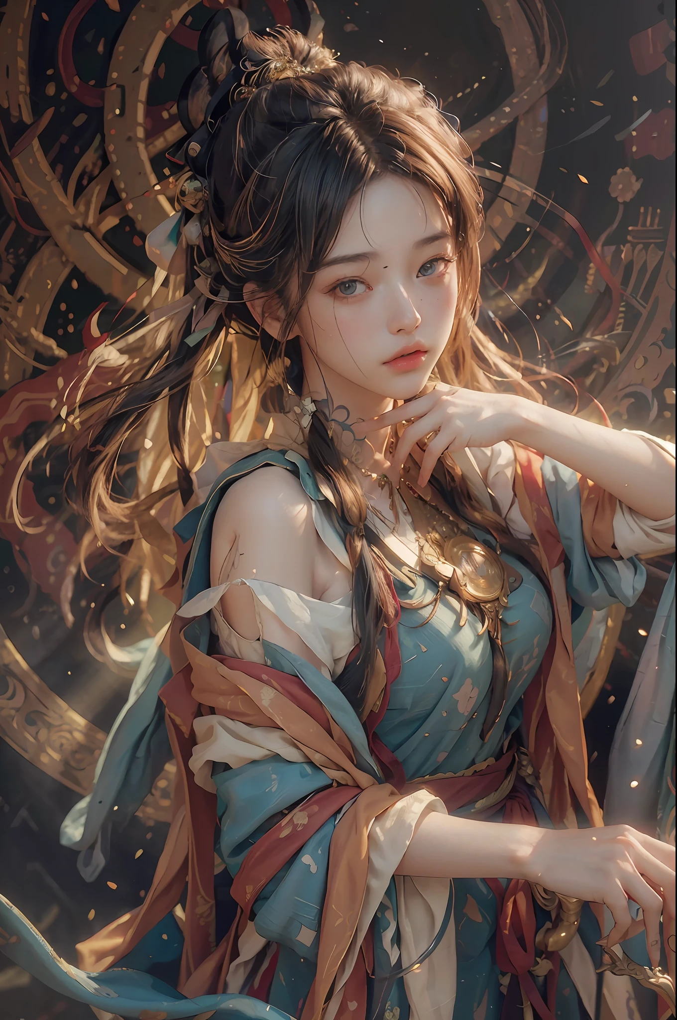 (RAW photo, best quality), (realistic, photo-realistic:1.3),best quality,highly detailed,masterpiece,ultra-detailed,illustration,1girl,upper_body,dynamic angle,world masterpiece theater,messy_long_hair,best quality,extremely detailed CG unity 8k wallpaper,ink,Amazing,cinematic lighting,lens_flare, dunhuang_style