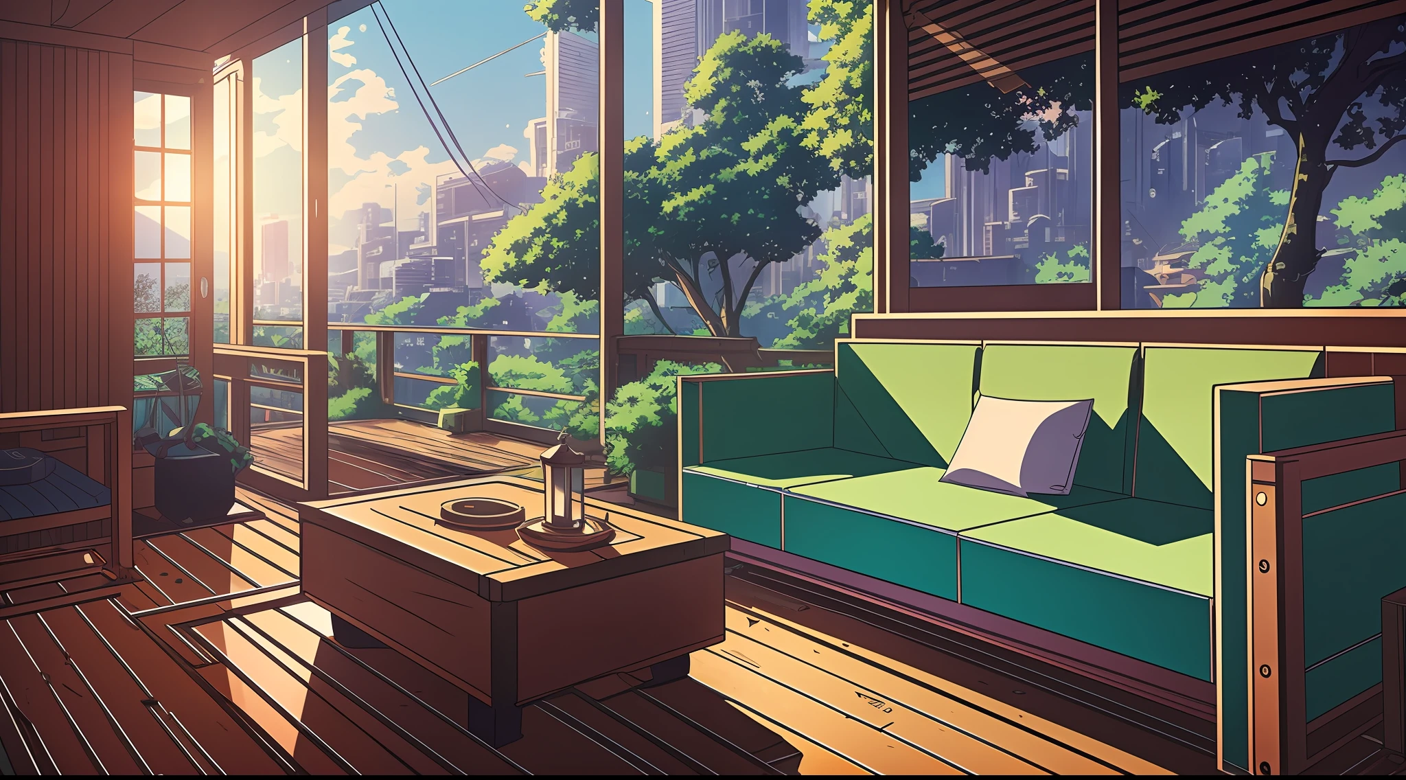 Makoto Shinkai, scenery, high quality, sunlight through the trees, city with sea view, terrace seating, sofa, anime style, wooden deck, large tree, dilapidated building, robot, cyberpunk, lantern, broken window, tree --auto --s2