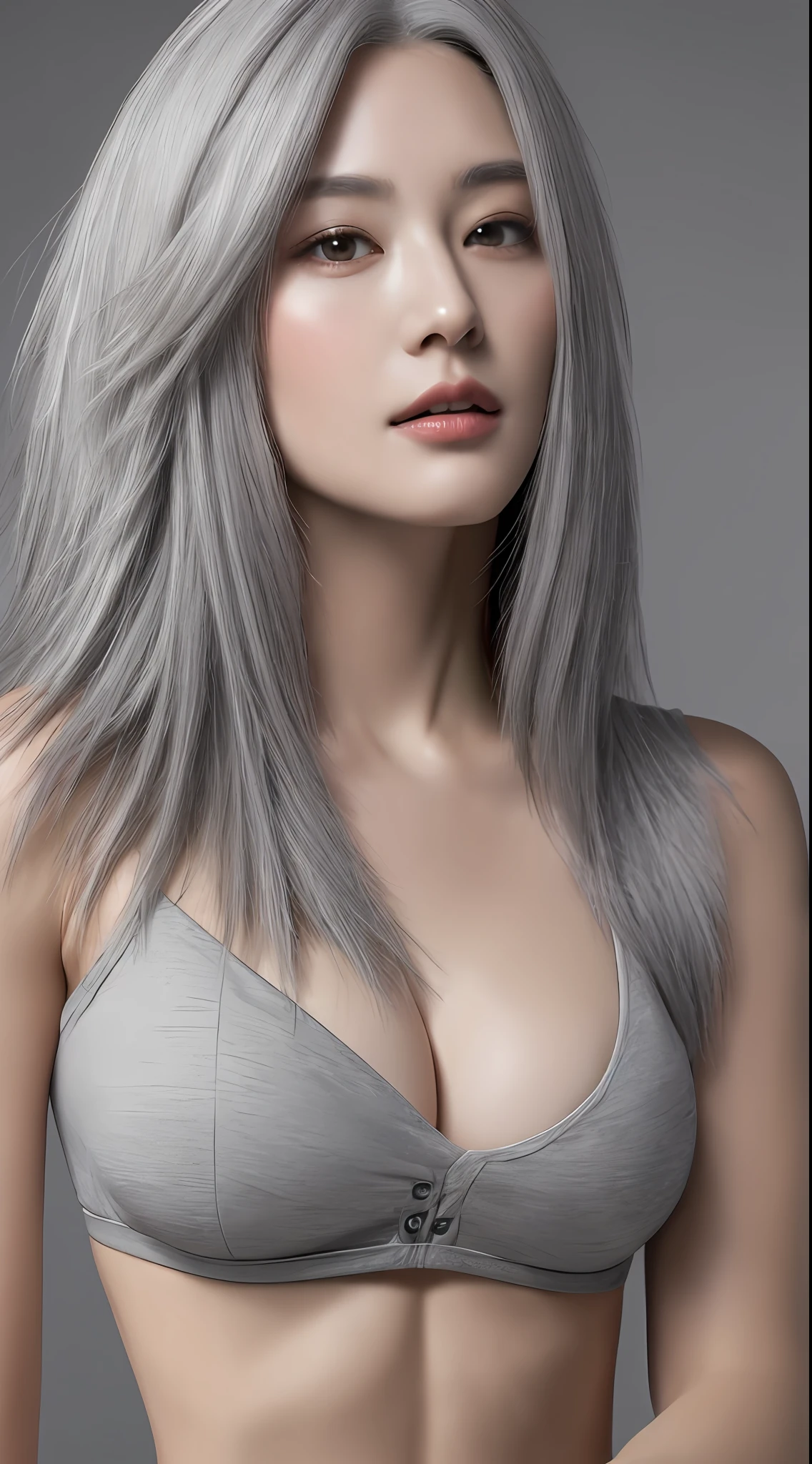 1girl, Beautiful face, (photo realistic:1.4), (high detailed skin:1.3), 8k uhd, dslr, high quality, high resolution, 4k, 8k, absurdres, best ratio four finger and one thumb, (realistic:1.4), little lips, ((Best quality, 8k, 32k, Masterpiece :1.3)), A pretty woman with perfect figure :1.4, Slender abs :1.3, ((ash-grey hair, Big breasts :1.2)), Highly detailed face and skin texture, Detailed eyes, Double eyelid