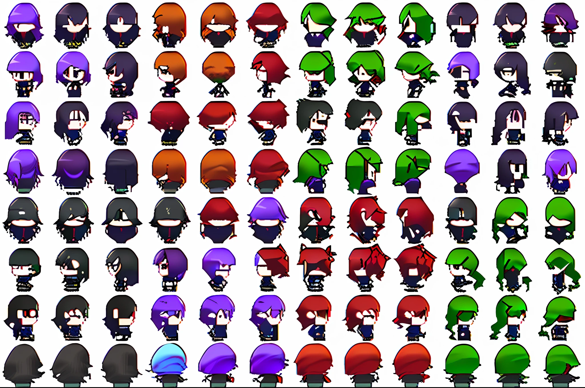 a group of different colored hair styles on a black background, 2 d sprites, spritesheet, sprite sheet, visual novel sprite, 2 d sprite, sprite art, sprites, set of high quality hd sprites, sprite 2 d, made in rpg maker, different hair colours, characters 8k symmetrical, vfx spritesheet!!!!!, psd spritesheet