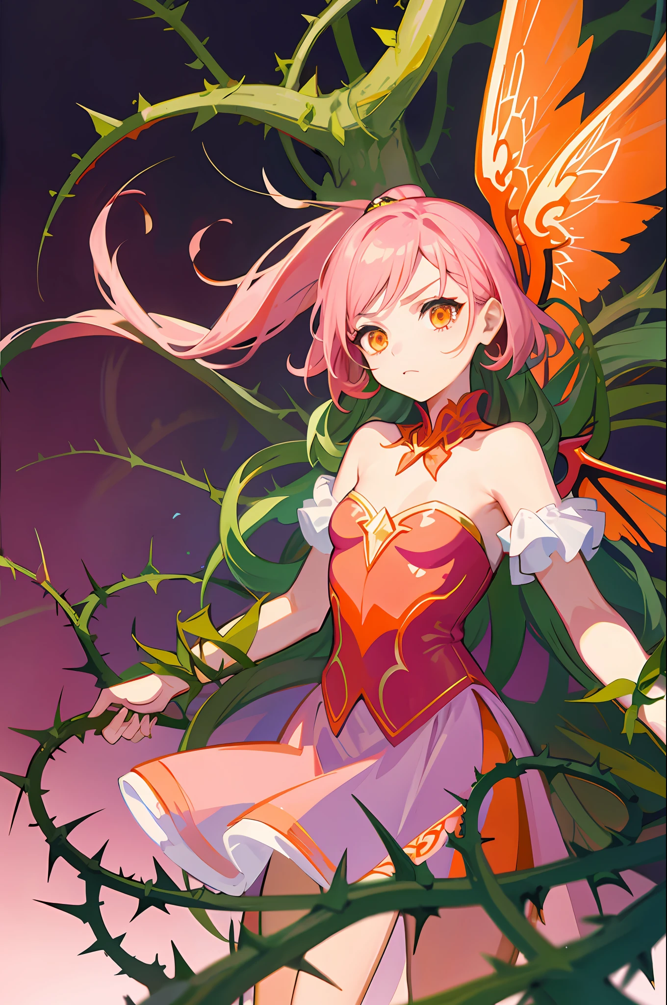 1girl, pink and orange fairy with wings, plant magic, serious expression, vines of Thorns