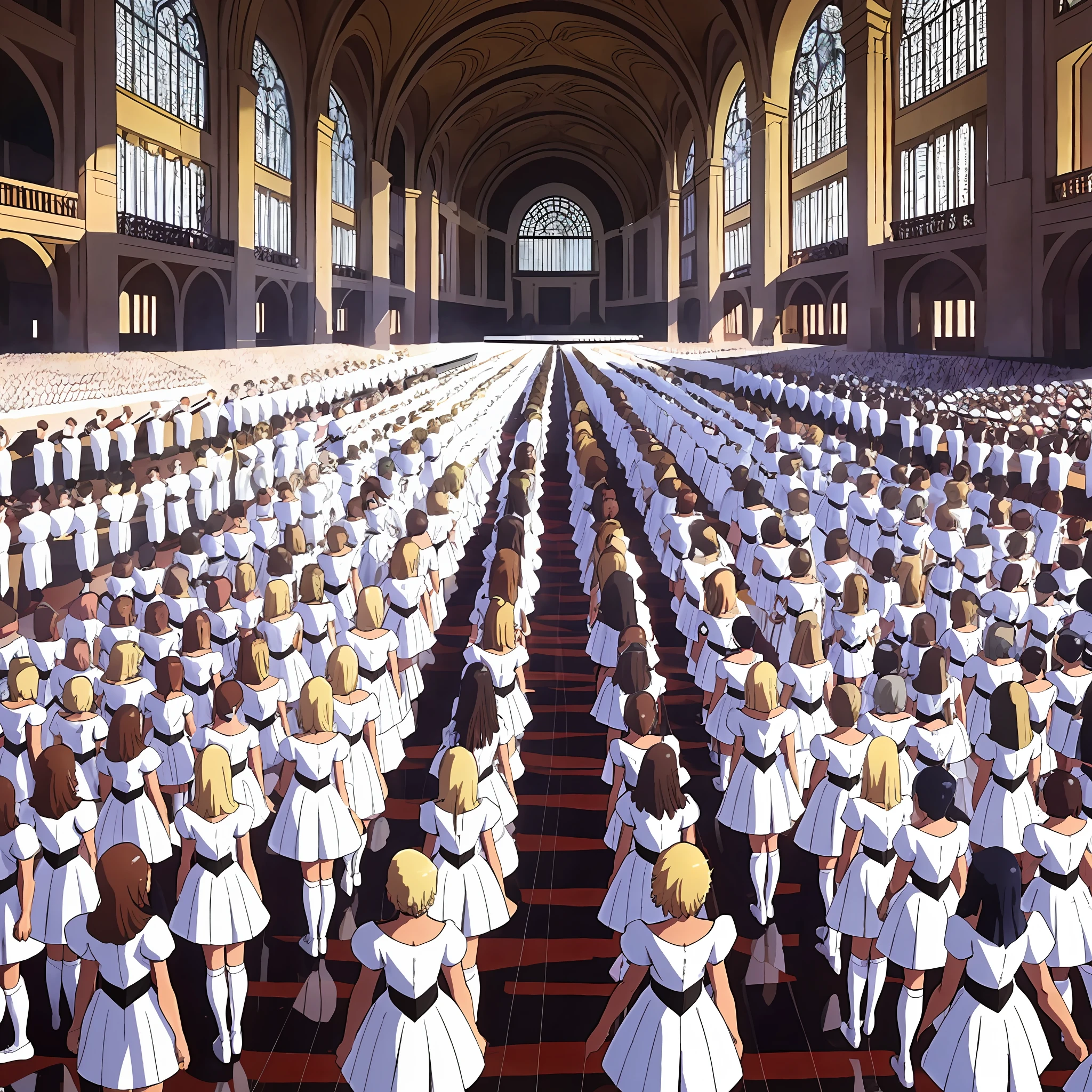 perfect anime illustration, 17 year old girls, medium breasts, multiple girls, thousands of girls, millions of girls, sisters, large crowd of sisters, (blonde girls, brown haired girls), same aged sisters, brown hair, blonde hair, curly hair, long hair, different hair colors, hazel eyes, smiling, white skin, white leotard, white gloves, white thigh high socks, high heels, matching outfits, highres, bedroom, full body, neat rows of sisters, neat columns of sisters, sisters standing in formation, sisters in background