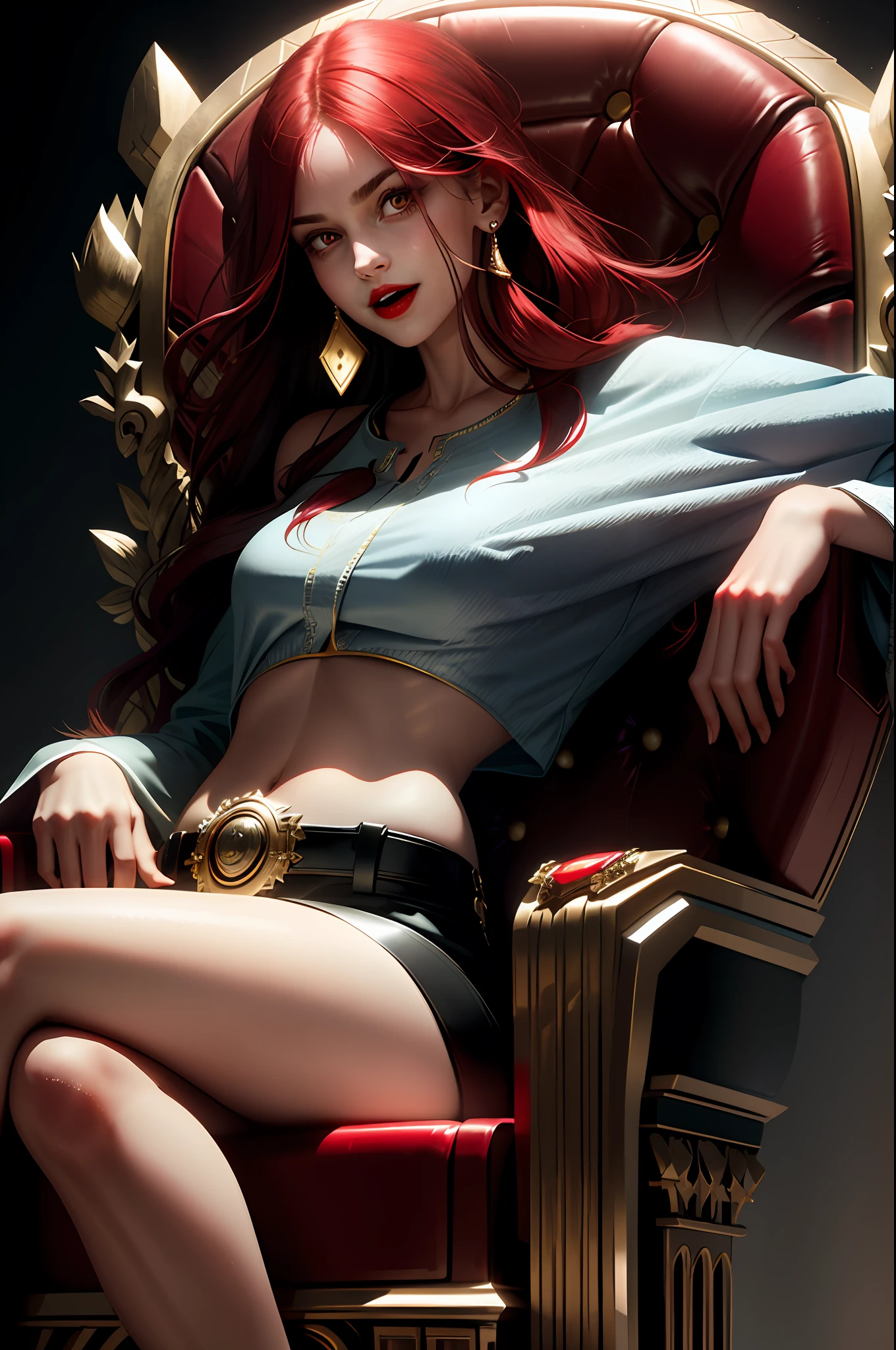 1girl, looking at viewer, laughing, crazy, uncontrollable laugh, mad look, throne, long hair, midriff, sitting on throne, red lips, shirt, solo