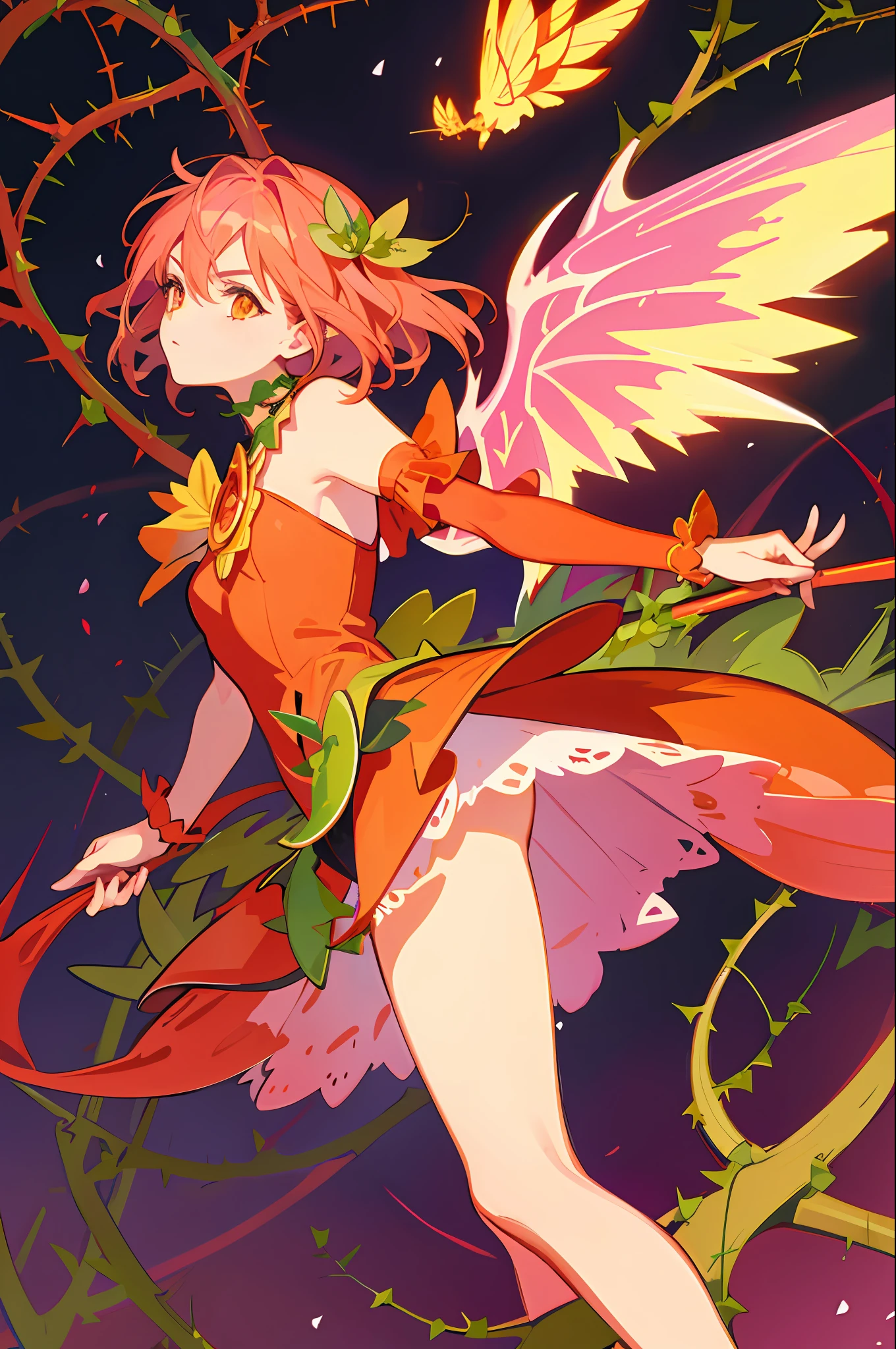 1girl, pink and orange fairy with wings, plant magic, serious expression, vines of Thorns