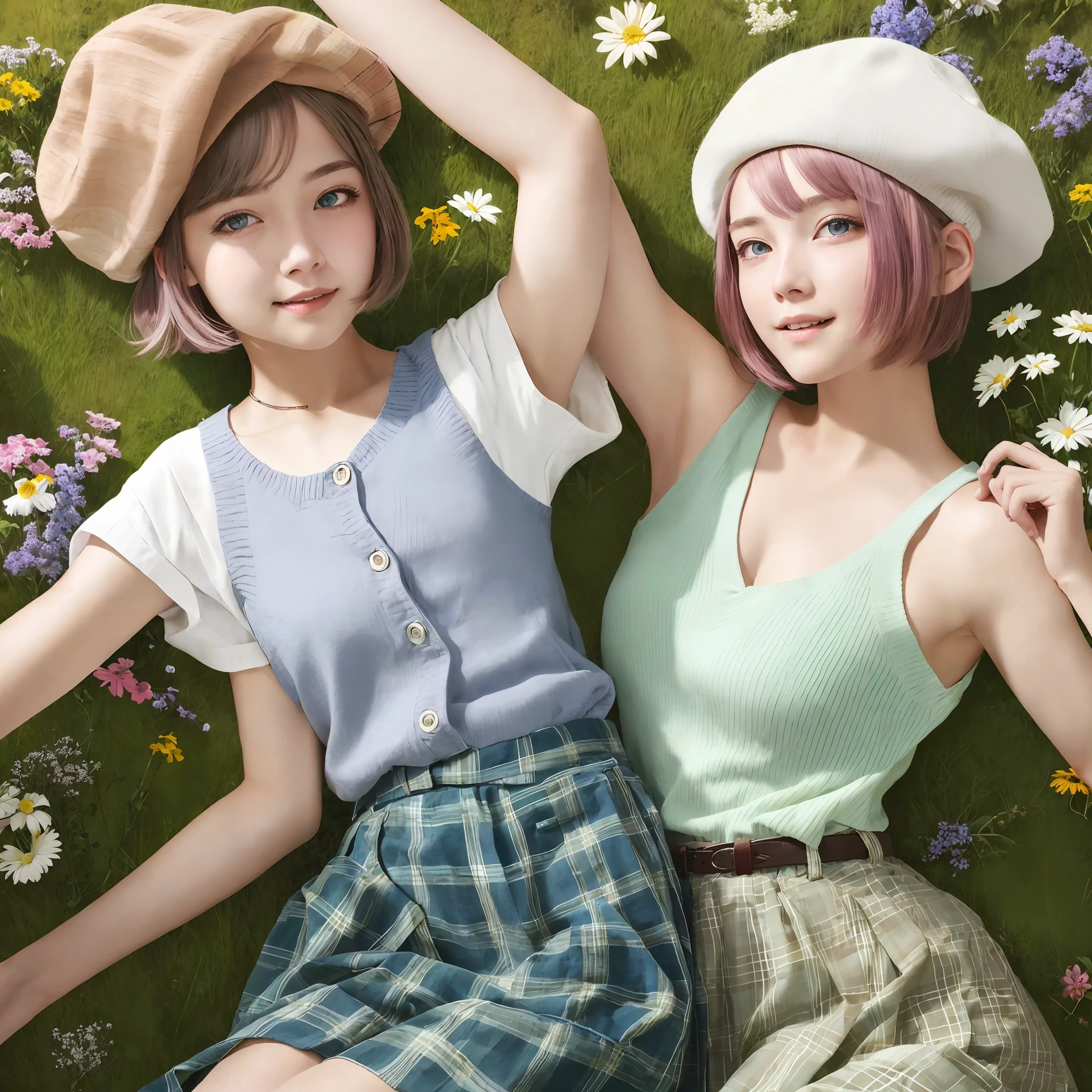 (absurdres),(masterpiece), (best quality), (ultra detailed), (highres), (illustration:1.4), (detailed face:1.3), (highlights in eyes:1.3)(detailed hair:1.3), (detailed skin:1.3),photorealistic, realistic,BREAK 1girl,15yo,kawaii,(short hair, bob cut, silver hair,pink inner hair,beautiful detailed hair ),(blue eyes),faint lips,happy smile,medium breasts,BREAK ,summer,outdoors,(beret,knit vest,plaid skirt),cowboy shot,green garden,clear sky,sunshine,white birds,from above, (holding bouquet),dynamic angle,behind arms,