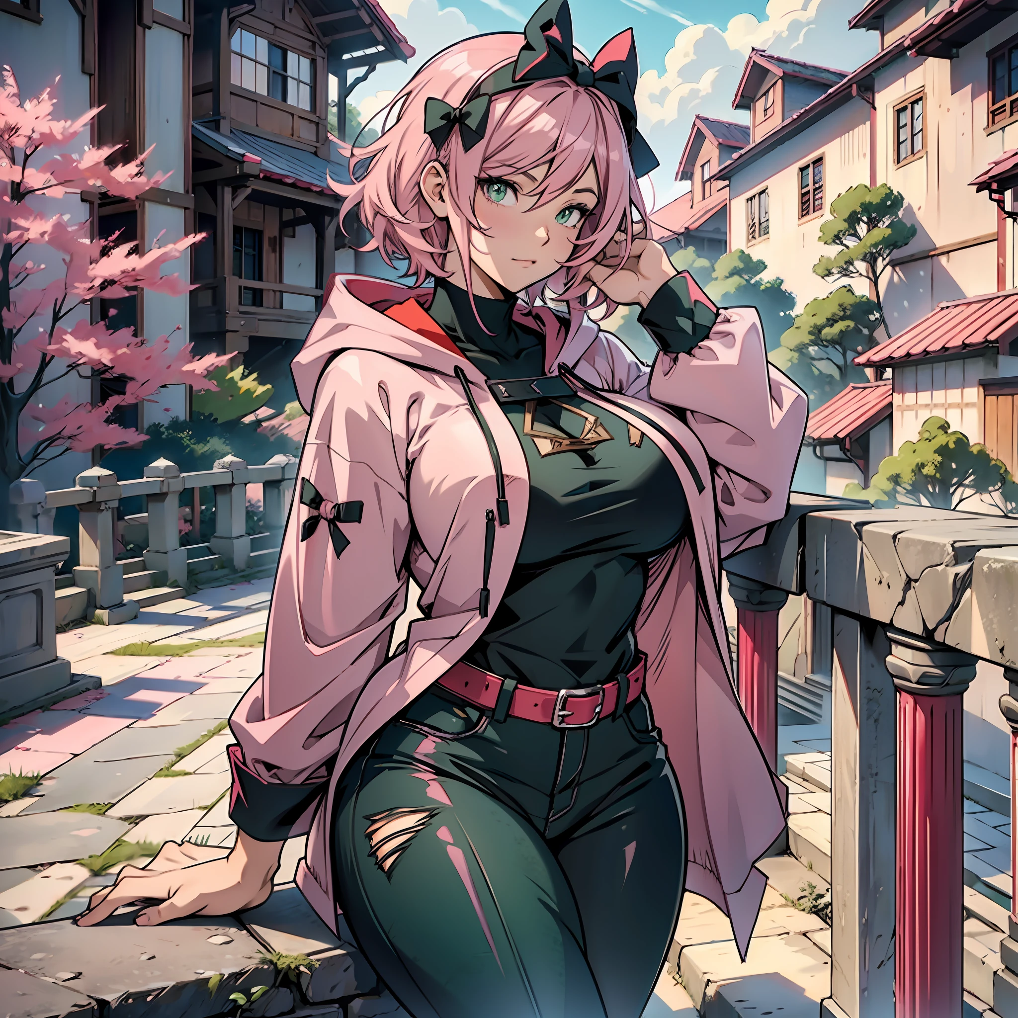 Anime woman, curvy, thick thighs, large breasts, red hooded robe, pink blouse, black boots, long black jeans, light pink hair, short hair, straight hair, black bow in the hair, green colored eyes, beautiful face, soft skin, ancient kingdom scenery, watching the landscape from the balcony.