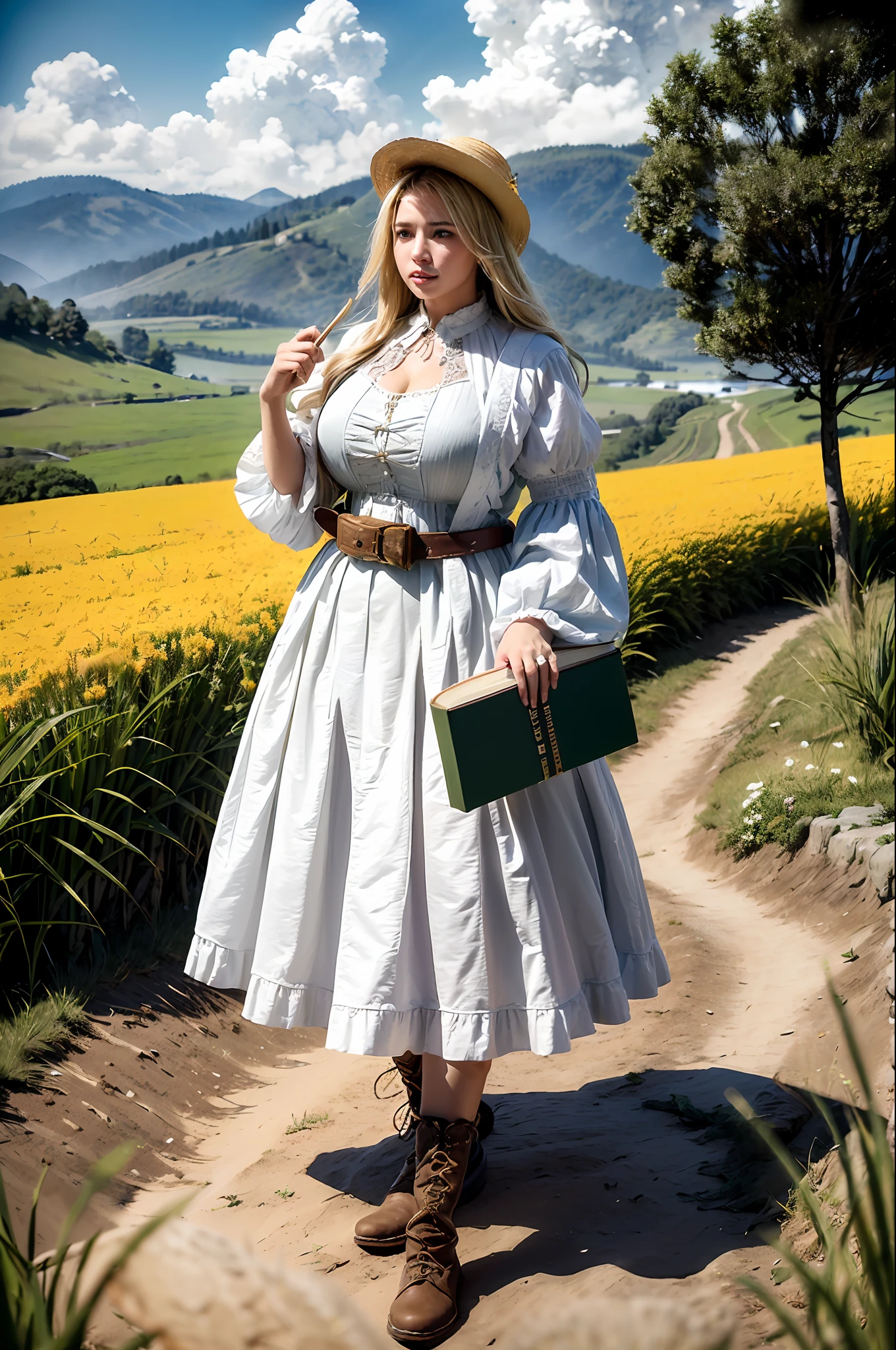(realistic:1.3), finely detailed, quality, rembrandt lighting, (masterpiece:1.2), (photorealistic:1.2), (best quality), (detailed skin:1.3), (intricate details), dramatic, ray tracing, 1girl, white Brazilian girl, blonde hair, 25 years old, medium breasts, (Meadow, Sun, Clouds, Field, beautiful straw hat, boots, country style, big and thick book,Agriculture, Starlight, Hiking trail)