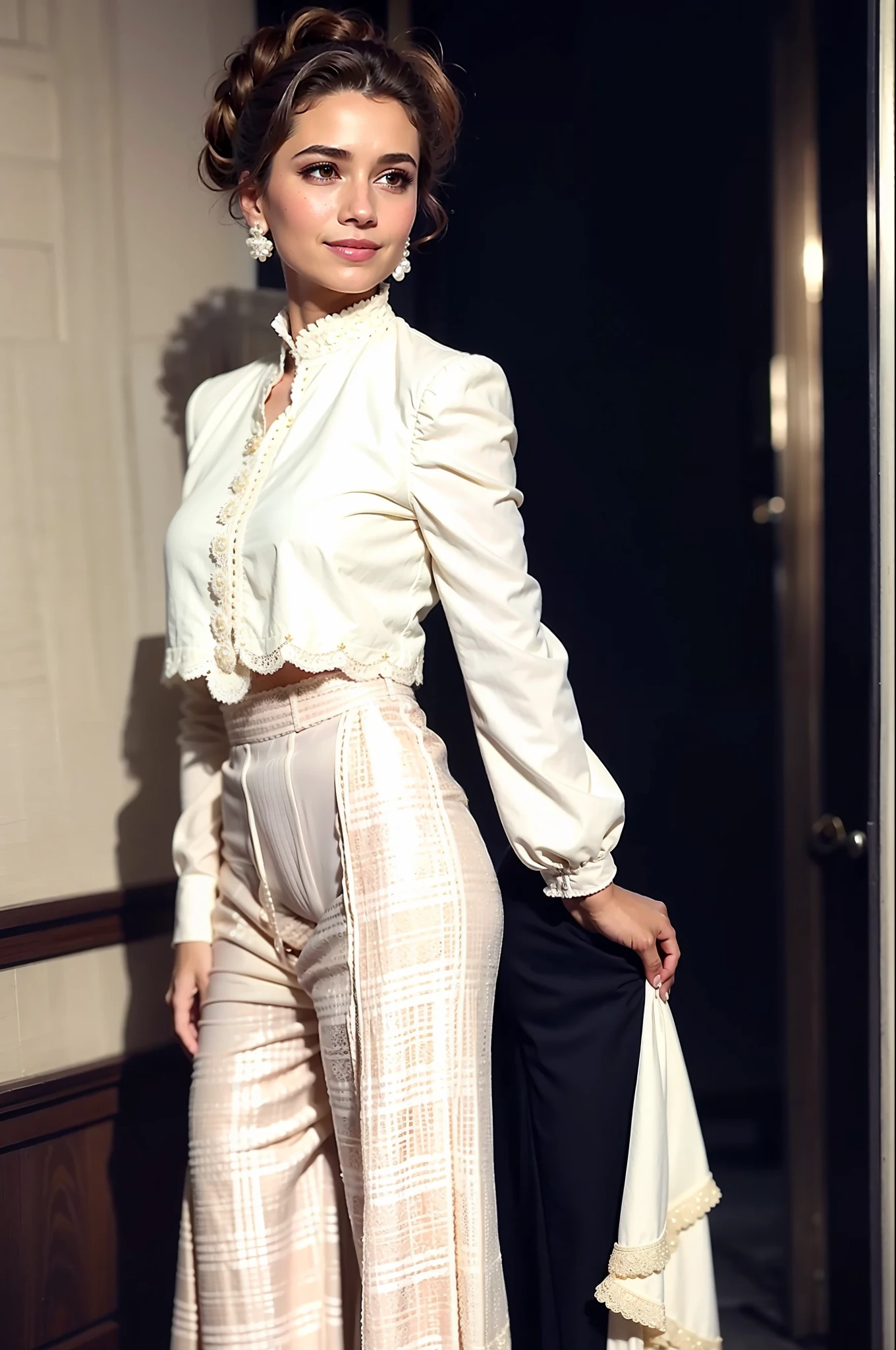 Lace top + wide-leg pants.

The wonderful fringe and pearl embellishments make the top seem to want to steal all the wearer's attention. The hair pulled back in a messy bun gives off an easygoing yet professional appearance. In this lively atmosphere, it goes without saying that you should adorn yourself with a kind smile!