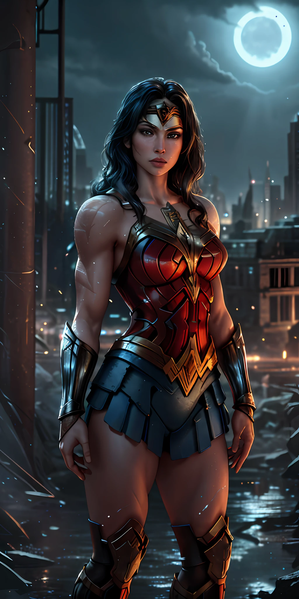 Wonder Woman stands stately in an abandoned haunted lost city. Moonlight highlights your muscles and scars. The scenery is lush and mysterious, with dark city and surroundings. The camera details everything, a warrior woman, in front of him.