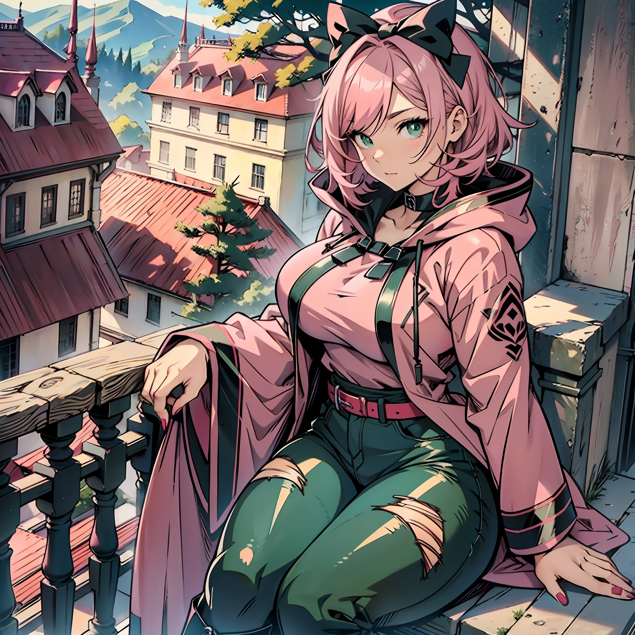 Anime woman, curvy, thick thighs, large breasts, red hooded robe, pink blouse, black boots, long black jeans, light pink hair, short hair, straight hair, black bow in the hair, green colored eyes, beautiful face, soft skin, ancient kingdom scenery, watching the landscape from the balcony.