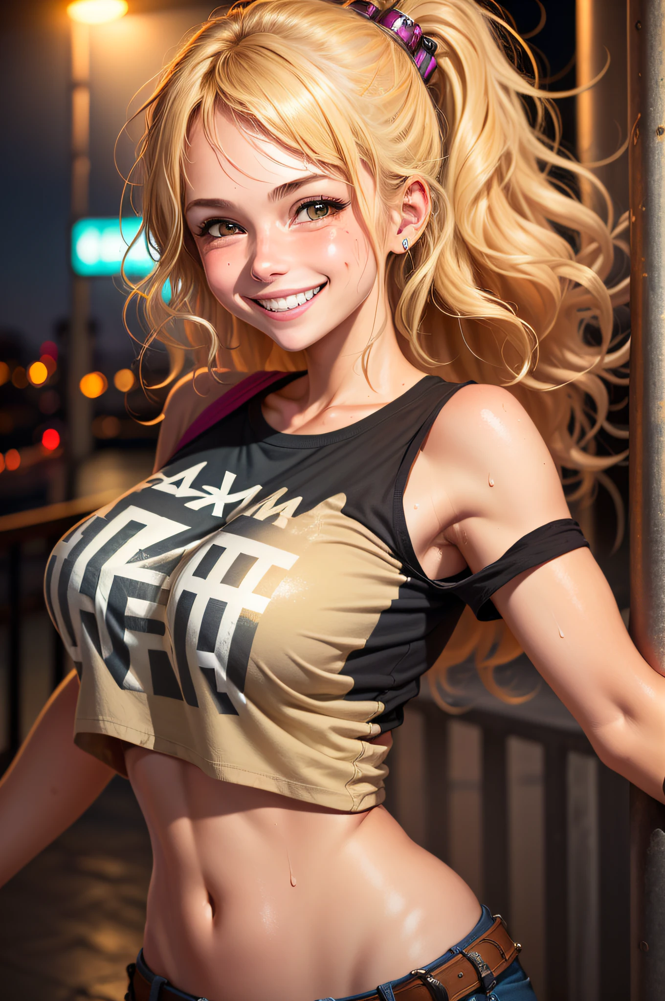 (1girl), medium breasts, tan, damp skin, sweaty skin, wavy blonde hair, punk t-shirt, punk girl, (((BIG SMILE))), NIGHT LIGHT