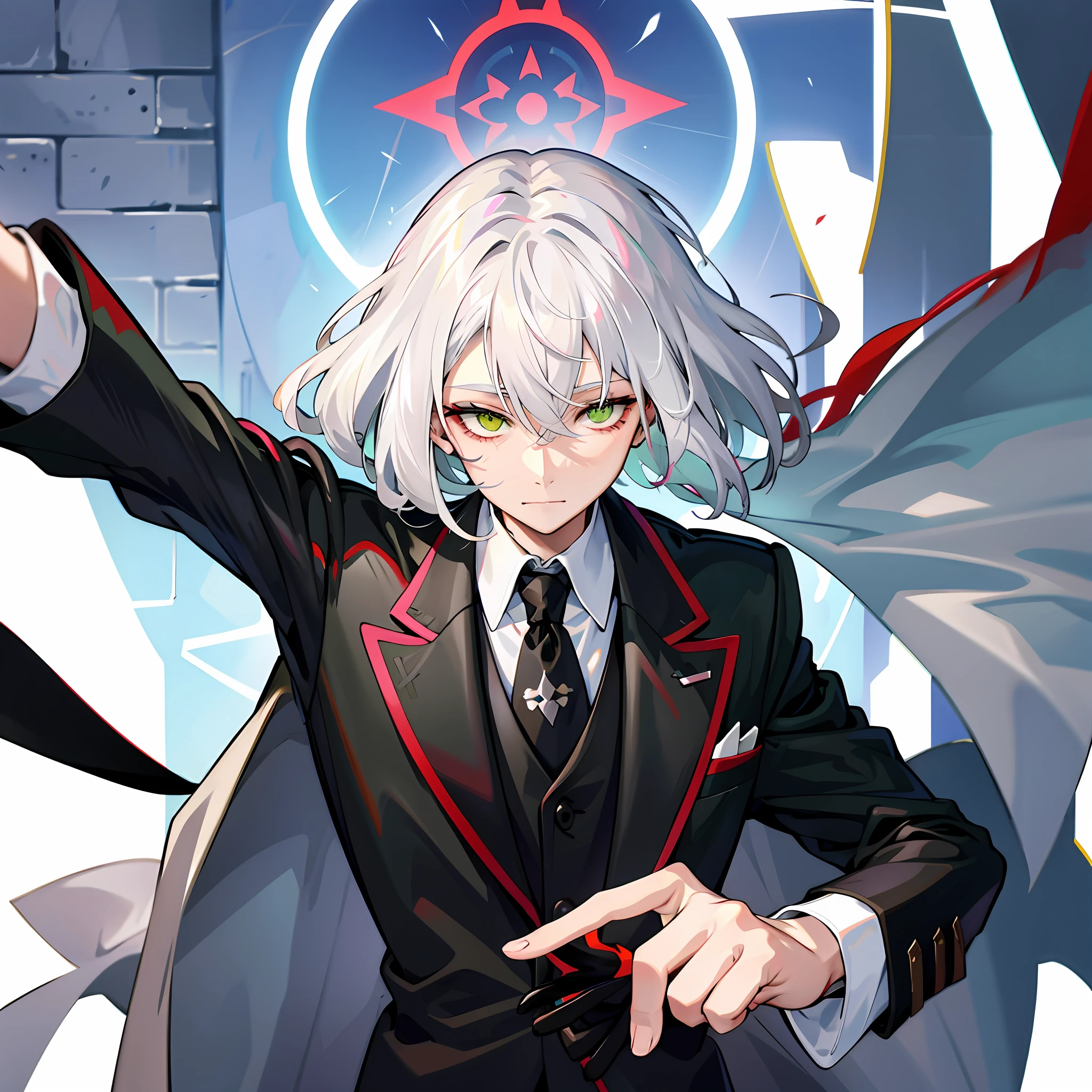 Only 1 an old man, white hair with hair close 1 eyes style, green eyes, wear black suit