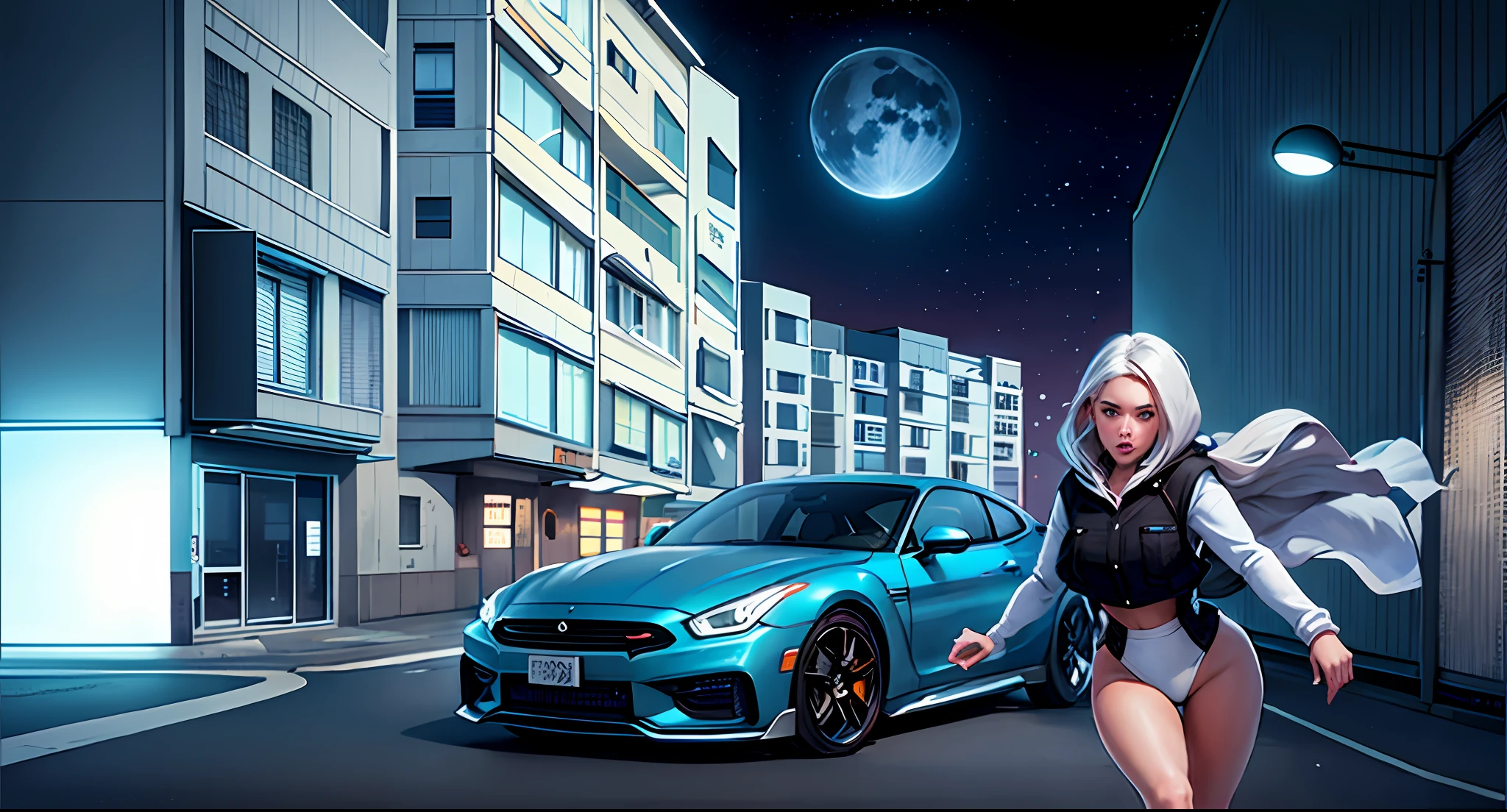 drawing of a woman walking down a street with a car in the background, lunar busy street, city street on the moon, street moon landscape, colorkey scene, anime city lineart, the moon is big an in the city, drawn in a neo - noir style, drawn with photoshop, moons in background, street background, on a street at night, in the moon