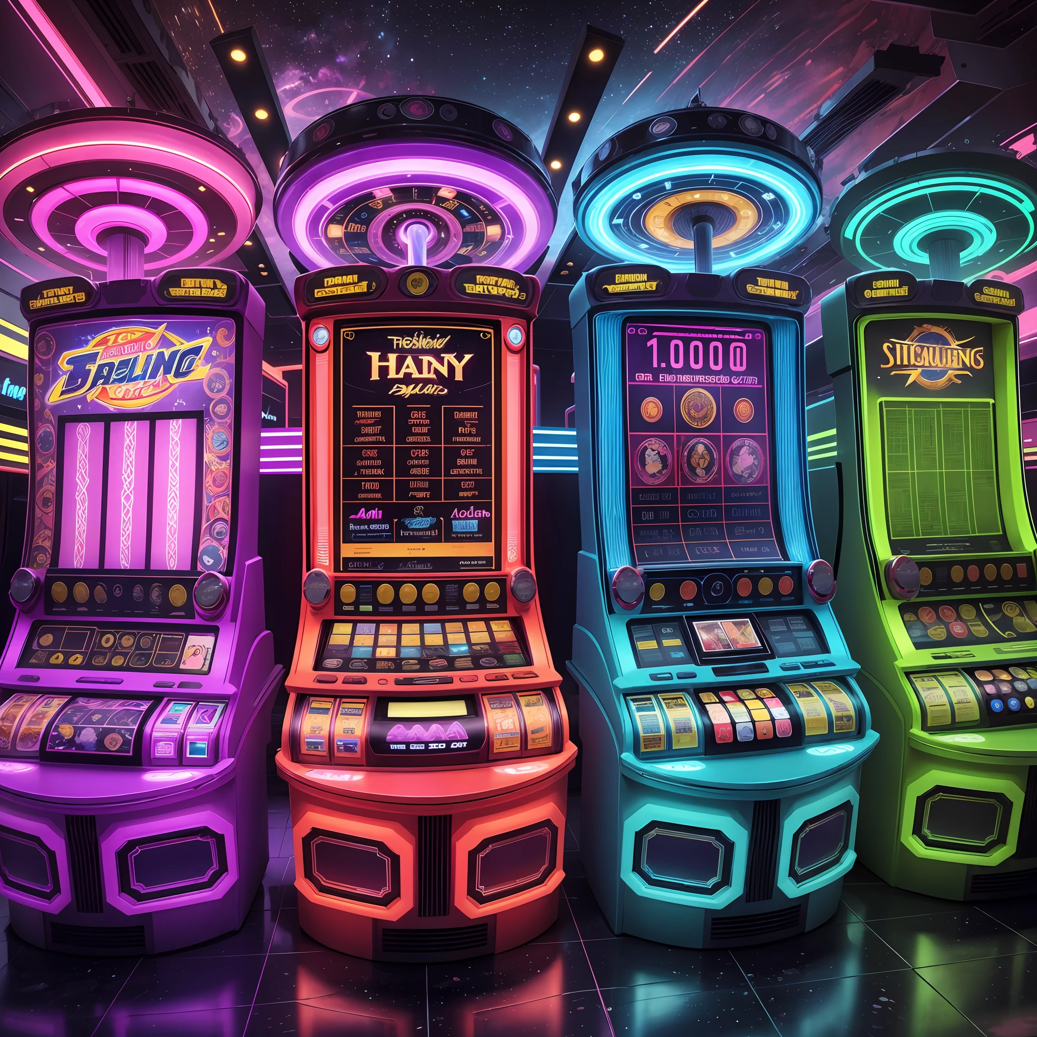 An futuristic casino, ten years from 2023. Technology has advanced rapidly, influencing even the design of casino slot machines. Most notable is a place called the Future Pavilion. Here, slot machines that incorporate the latest technology and design are lined up. These slot machines feature high-resolution displays, optical effects, and a variety of sensors, providing a very realistic experience for users. In particular, the slot machines appear to flow with energy, giving a sense of transcending dimensions. Please draw a high-quality picture of this futuristic casino slot machine using these descriptions. --auto --s2