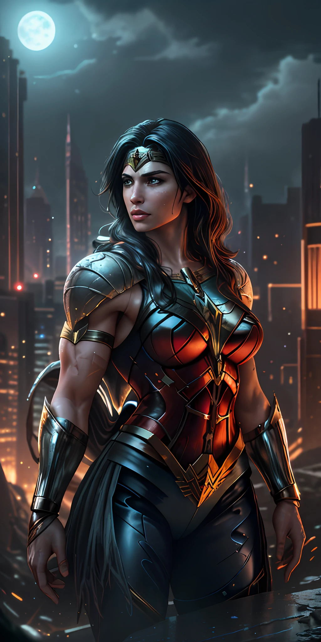 Realistic Art, Wonder Woman is imposing in an abandoned haunted lost city. Moonlight highlights your muscles and scars. The scenery is lush and mysterious, with dark city and surroundings. The camera details everything, a warrior woman, in front of him.