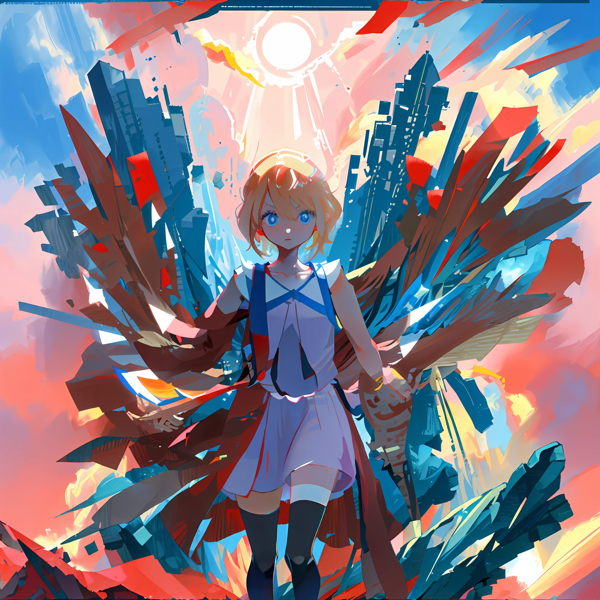 masterpiece, best quality, highres, serena \(pokemon\), short hair, blue eyes, 1girl, solo, blue ribbon, eyelashes, black thighhighs, neck ribbon, sleeveless, bangs, collarbone, bare arms, pink dress, red coat, outdoors, from above, field, grass,