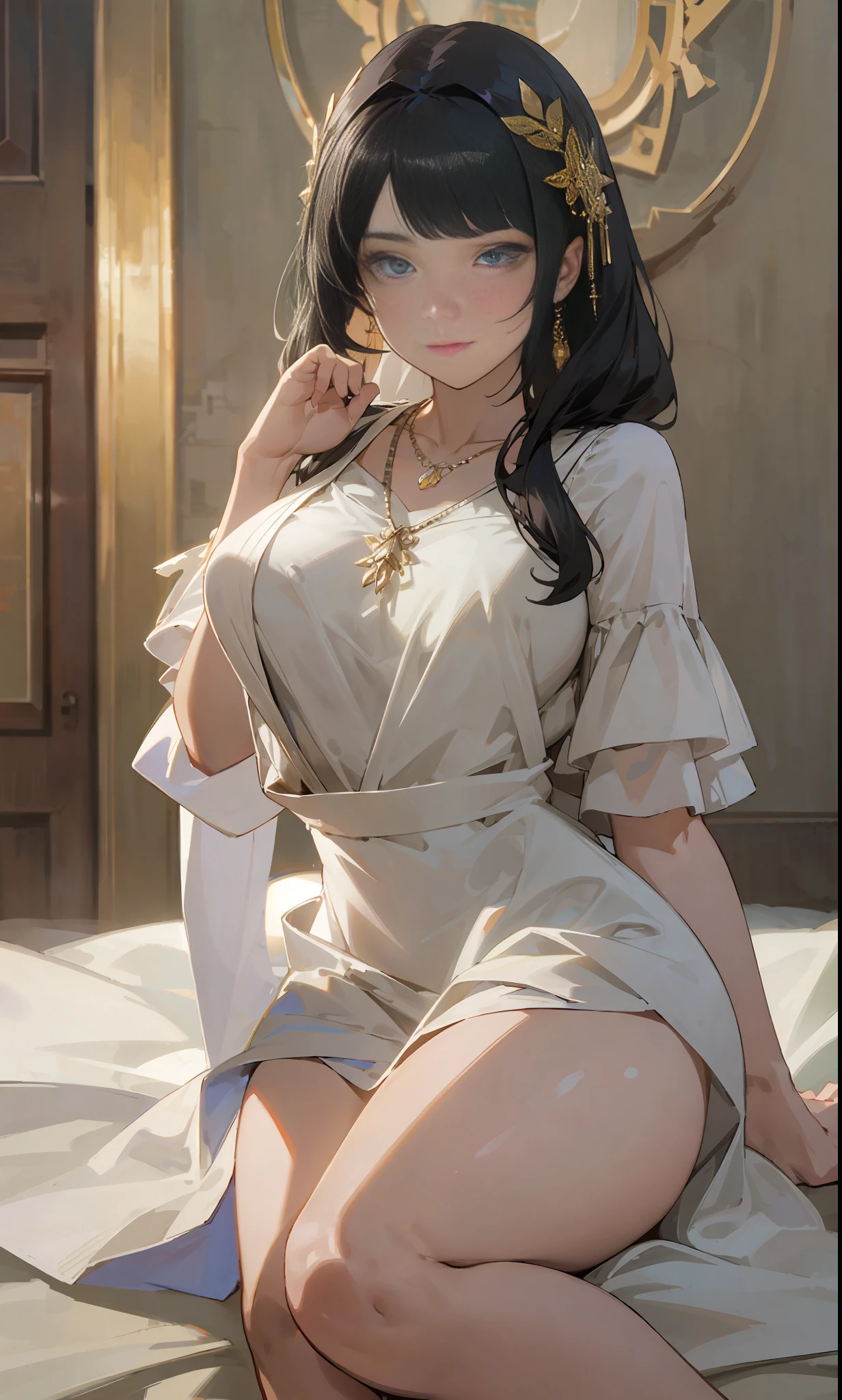 best quality, masterpiece, high resolution, 1girl,porcelain dress,hair ornament,necklace,jewelry,beautiful face,on top of body,tyndall effect,photorealistic,dark studio,rim lighting,two-tone lighting,(highly detailed skin:1.2),8k uhd, dslr, soft lighting, high quality, volumetric lighting, sincere, photography, high resolution, 4k, 8k, Bokeh,full body, big ass