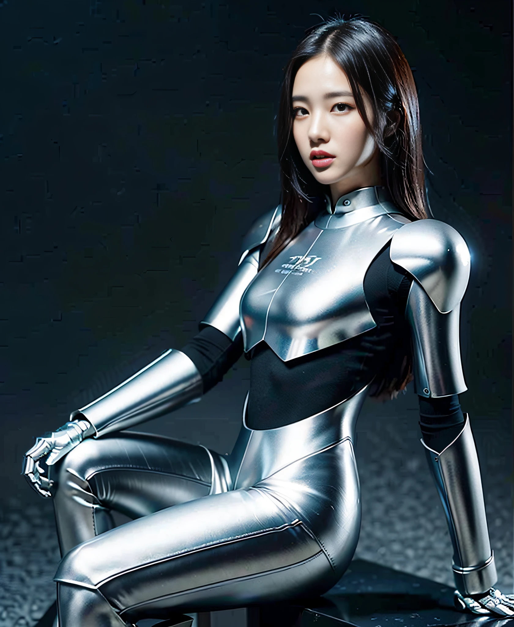 Beautiful Woman Face, Mechanical Body: 1.5, Online World Background: 1.5, 19 years old, 150mm, Long hair, Studio soft light, Vibrant details, Beautiful background, octane rendering, 8k, Best Quality, Masterpiece, Illustrations, An Unusual Resolute and Beautiful, Extreme Detail, CG , Unity , Wallpaper, Real: 1.1, Realism: 1.37, Amazing Detail, Absurdism, Master, Highest Quality, Official Art, Steel Armor, Robot, Full Body, Full Body Shooting, Seated