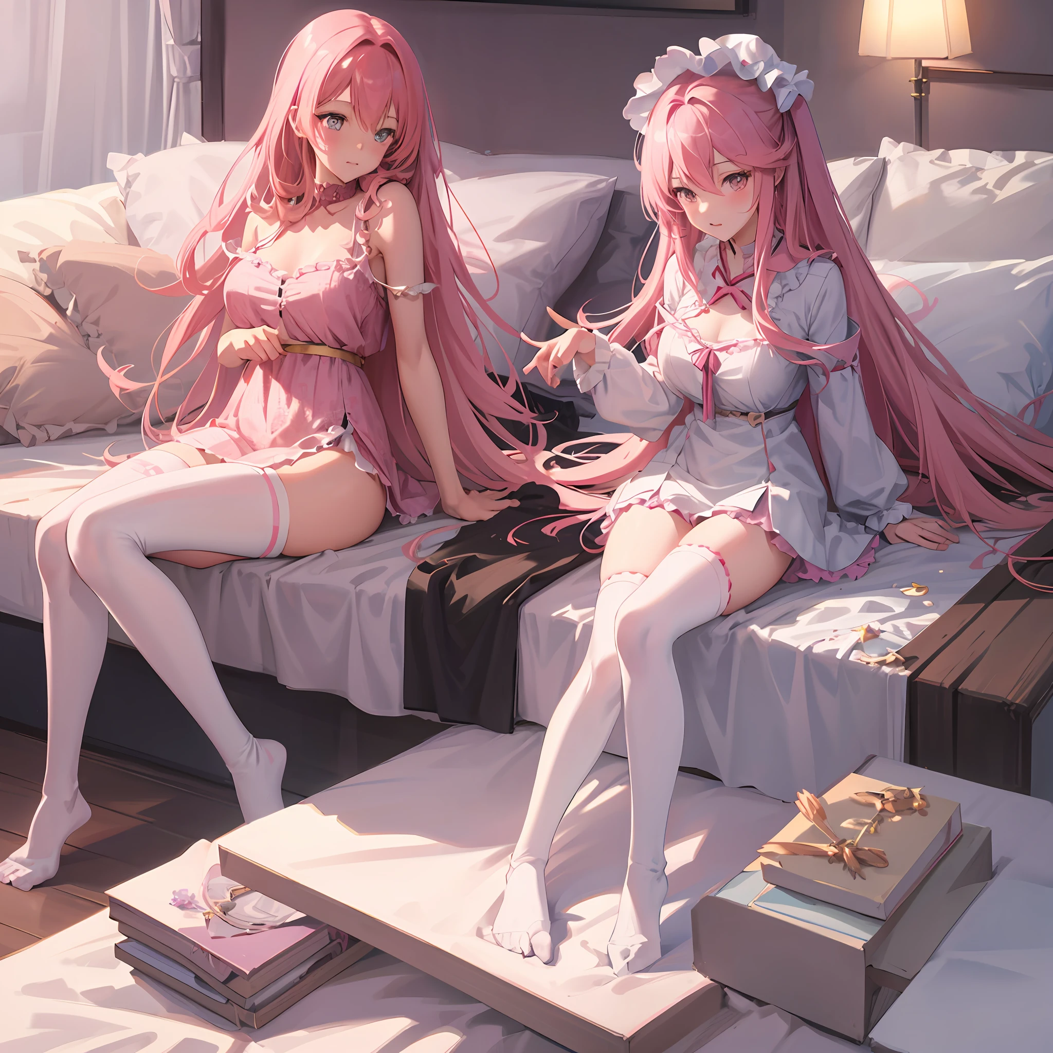 anime girl sitting on bed with pink hair and white stockings, best anime 4k konachan wallpaper, seductive anime girl, anime. soft lighting, photorealistic anime girl render, 8k high quality detailed art, smooth anime cg art, artwork in the style of guweiz, guweiz on pixiv artstation, trending on artstation pixiv