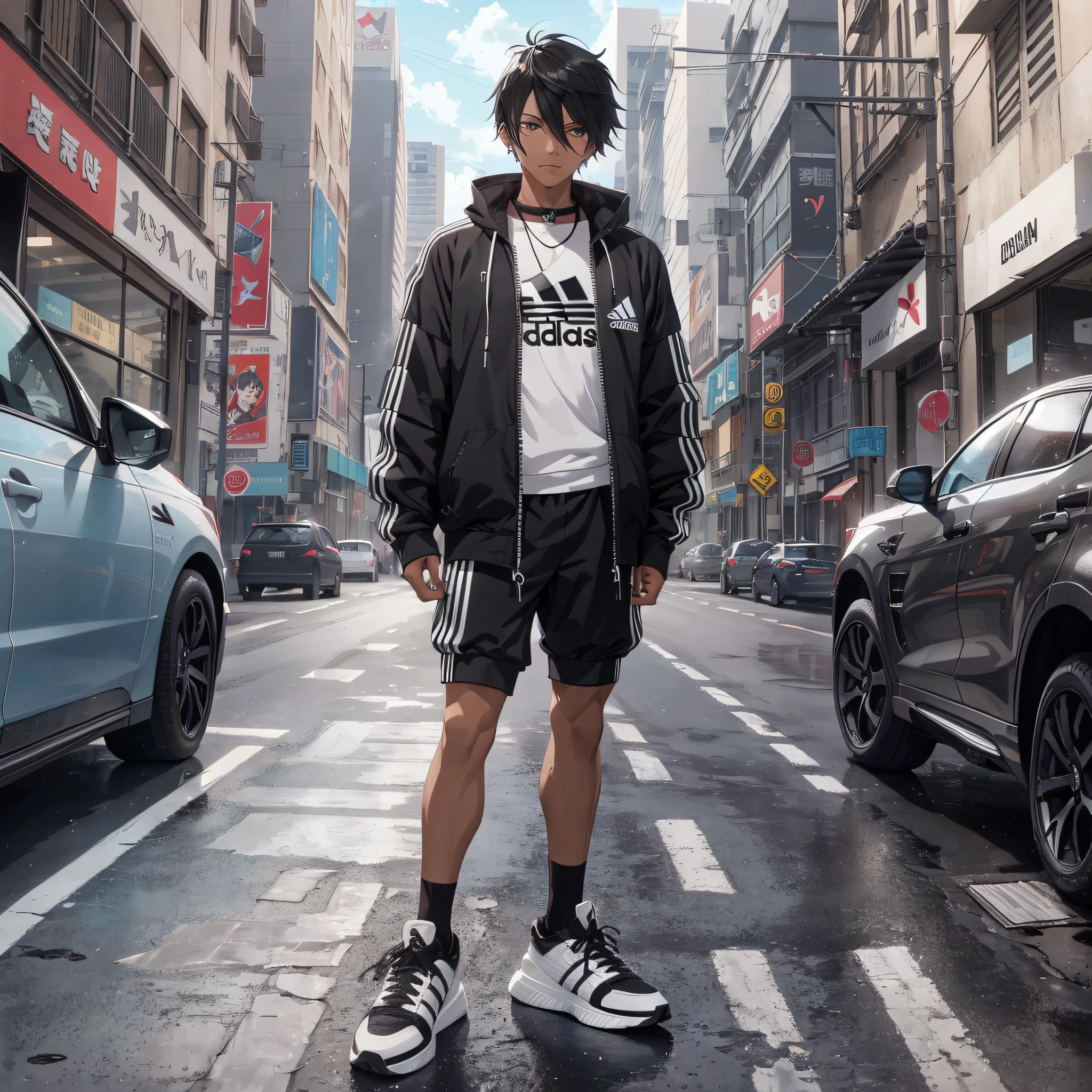 Futuristic anime character with straight black male hair with adidas outfit and black puma suede classic sneakers --auto --s2