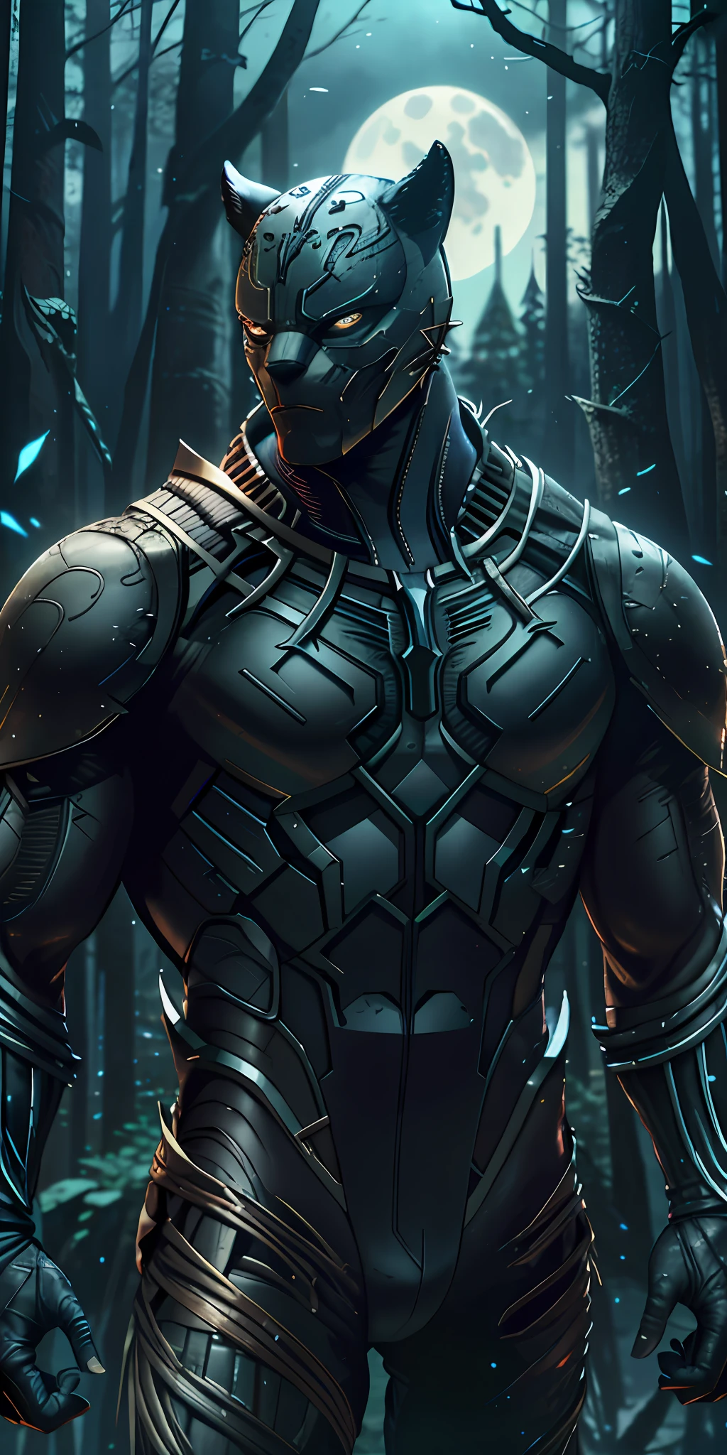 Realistic Art, Marvel's Black Panther is towering in an abandoned Haunted Forest. Moonlight highlights your muscles and scars. The scenery is lush and mysterious, with dark city and surroundings. The camera details everything, a warrior woman, in front of him.