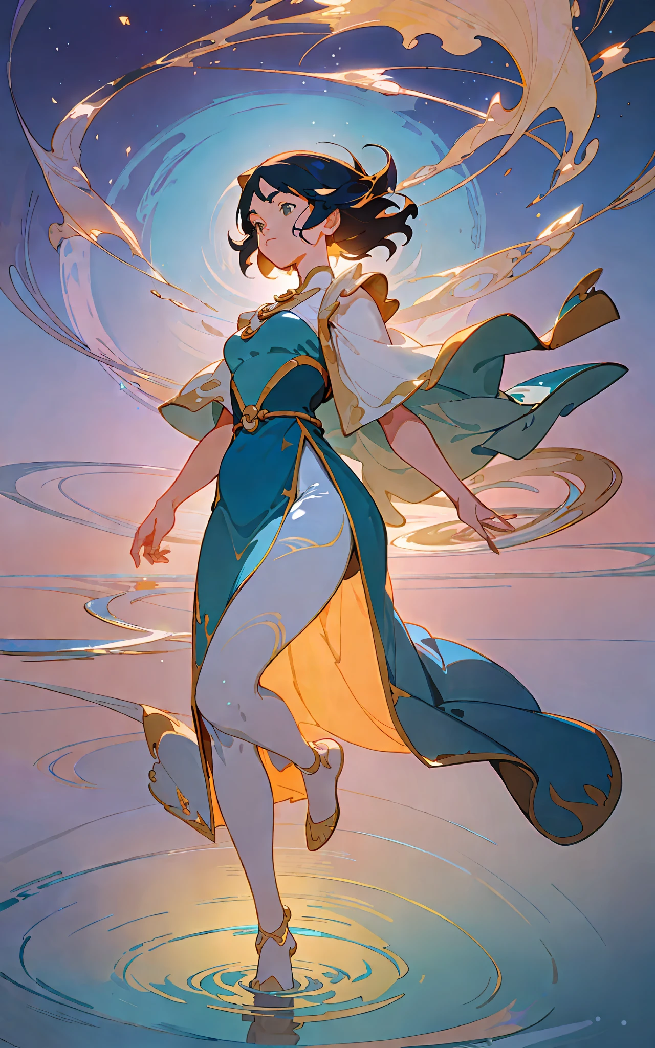 digital illustration, delicate details, (a stunningly beautiful woman descending from above:1.3), looking down below, wearing flowing white and blue gilded vests, barely touching a vast mirror-like ocean with her feet, (delicate ripples in the water:1.2), no gravity, floating, serene expression, godlike, natural lighting, vibrant prismatic colors, (art by studio ghibli:1.3), backdrop sunrise, stunning sky, gorgeous details, beautiful, stunning, fragile, crystal clear, well drawn, dynamic composition, anime style