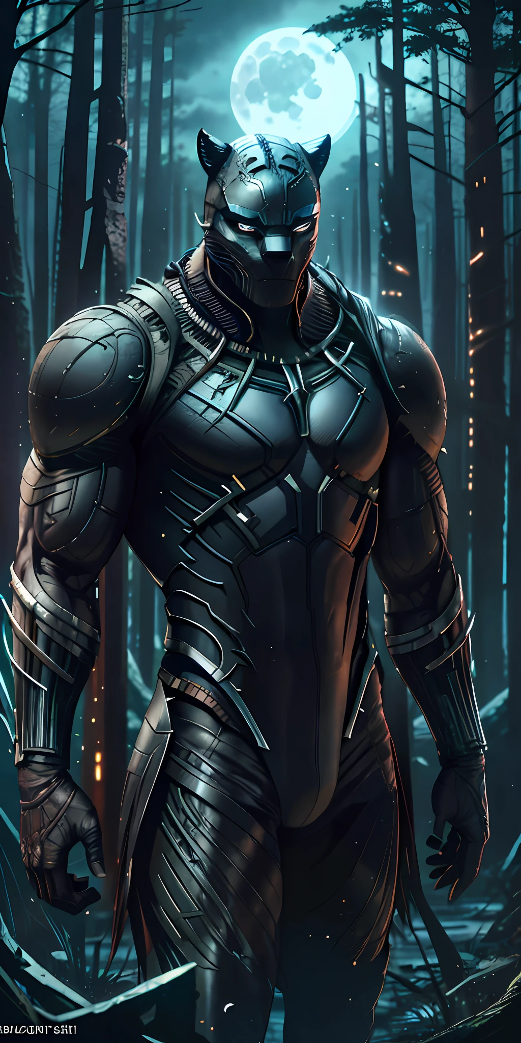 Realistic Art, Marvel's Black Panther is towering in an abandoned Haunted Forest. Moonlight highlights your muscles and scars. The scenery is lush and mysterious, with dark city and surroundings. The camera details everything, a warrior woman, in front of him.