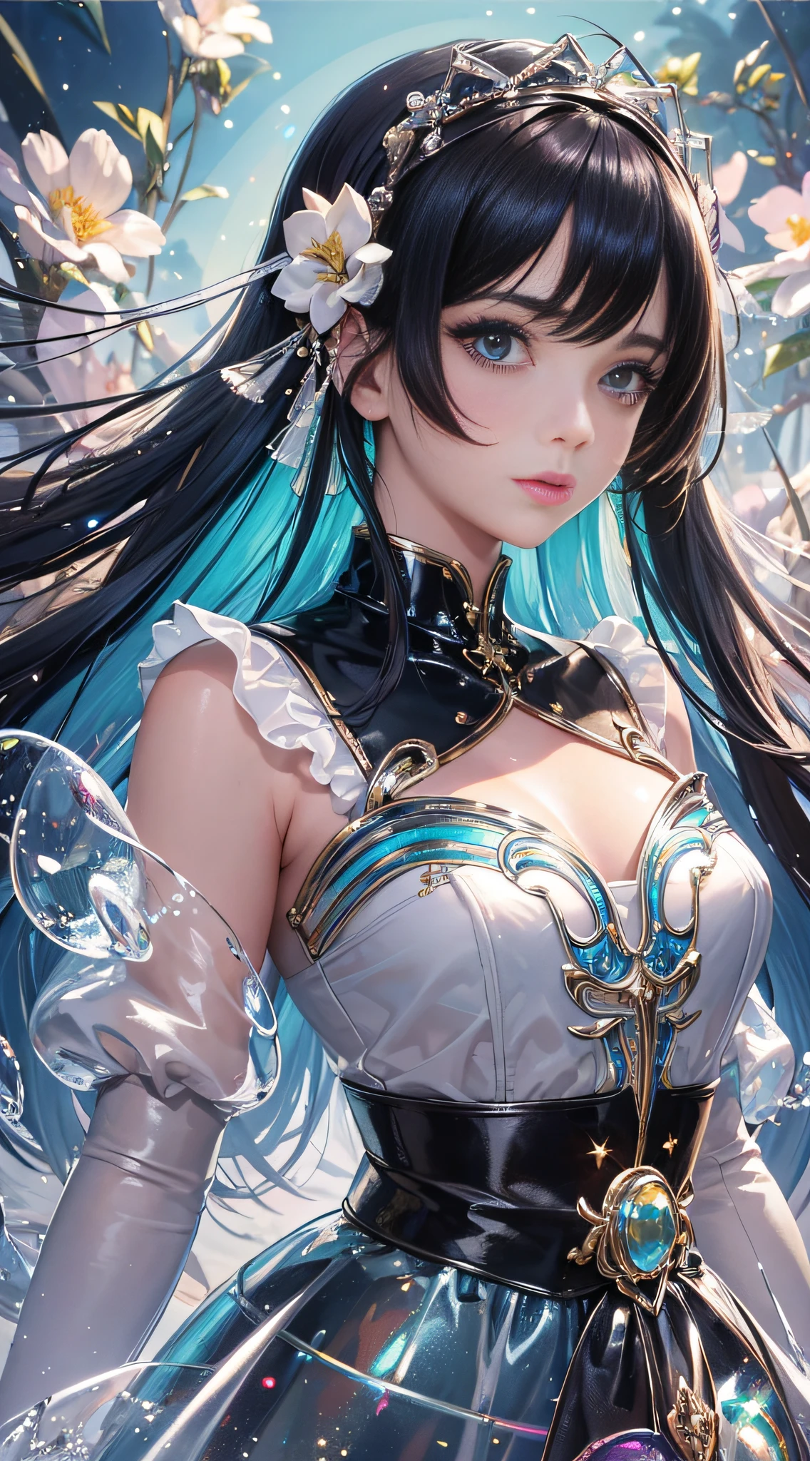 (masterpiece), (best quality), (ultra detailed),(disd hair),(illustration), (1girl), (Fashionable clothing), standing, Fashion model, looking at viewer, (interview), (simple background), beautiful and delicate eyes, delicate and beautiful face, floating, (high saturation), (colorful splash), colorful bubbles, (shine), hairband, floating flowers, flowing hair. Girl, anime waifu, looking at the audience, very detailed, reflective transparent rainbow color, long transparent rainbow color RGB hair, artstation artby Serafleur, thick acrylic, illustration on pixiv, waist up portrait, gorgeous saint, best quality, super detailed, sad, smart, pretty face, beautiful lights on black background, character style rendered by Octane,