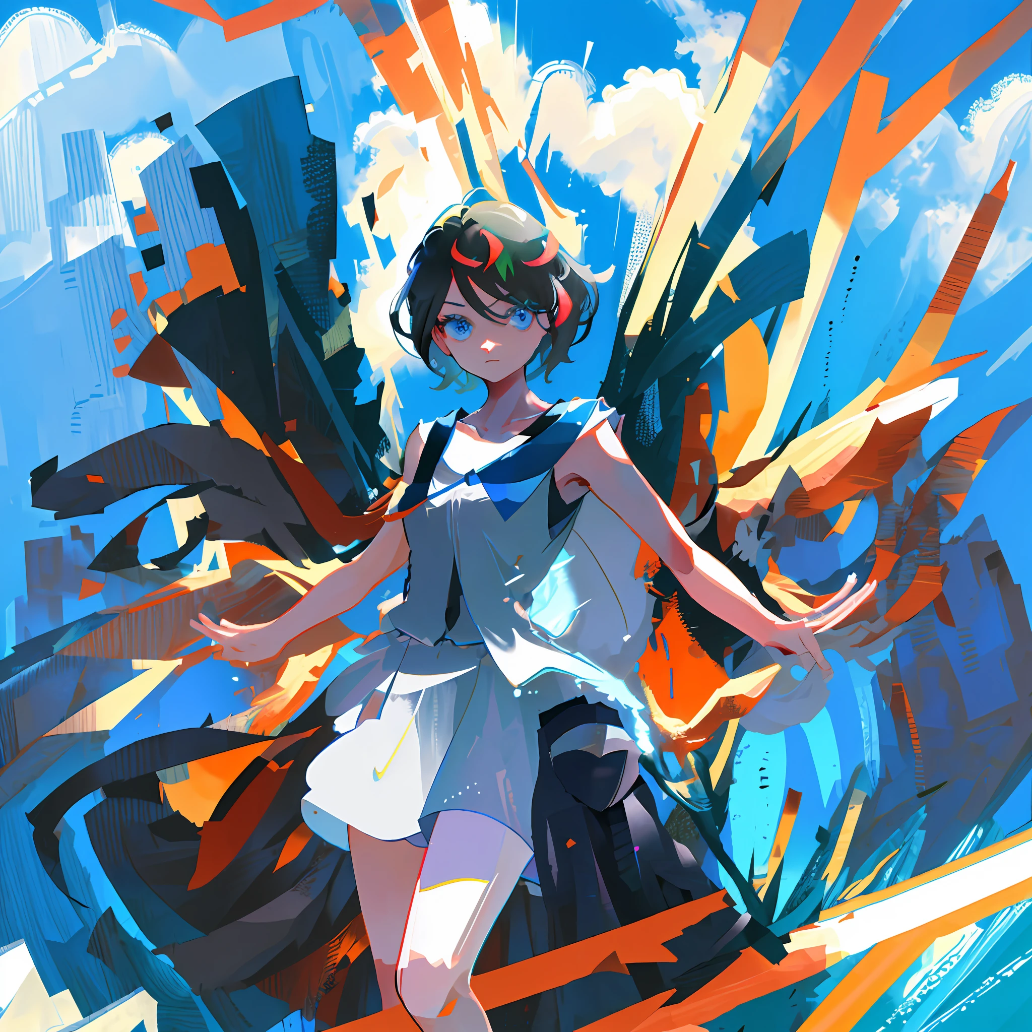 masterpiece, best quality, highres, serene\(pokemon\), short hair, blue eyes, 1girl, solo, eyelashes, black thighs, neck ribbon, sleeveless, bangs, collarbone, bare arms, black t-shirt, black coat, outdoor, from above, field, grass,