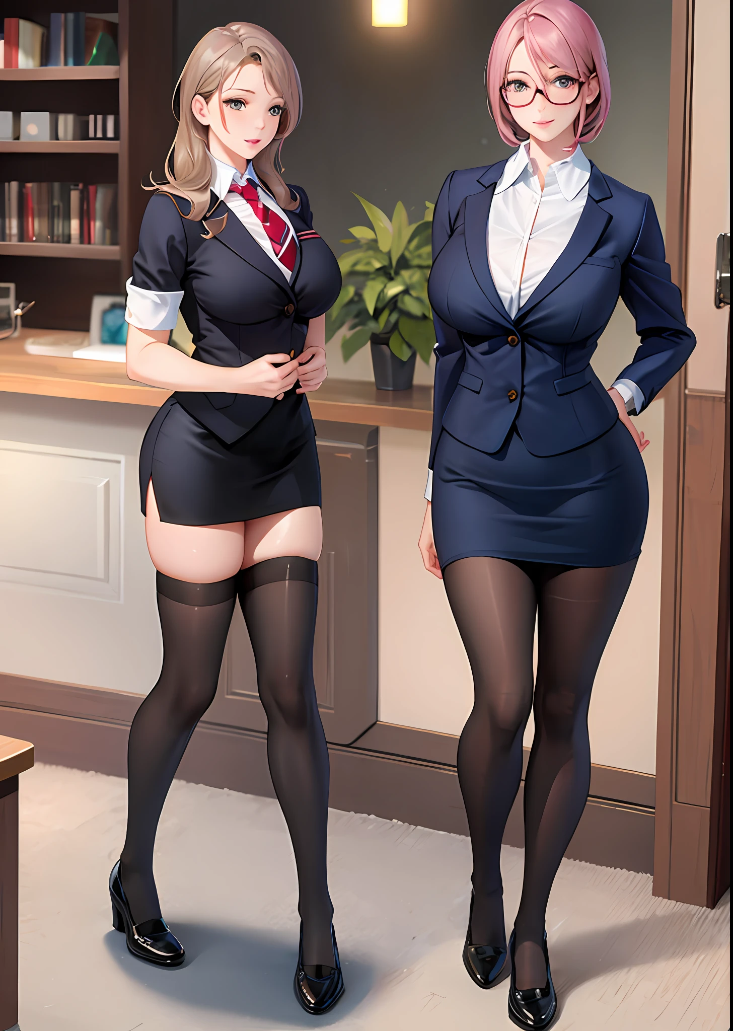 Full body photo of beautiful sexy secretary in miniskirt and seam stockings, full body, best quality, realistic