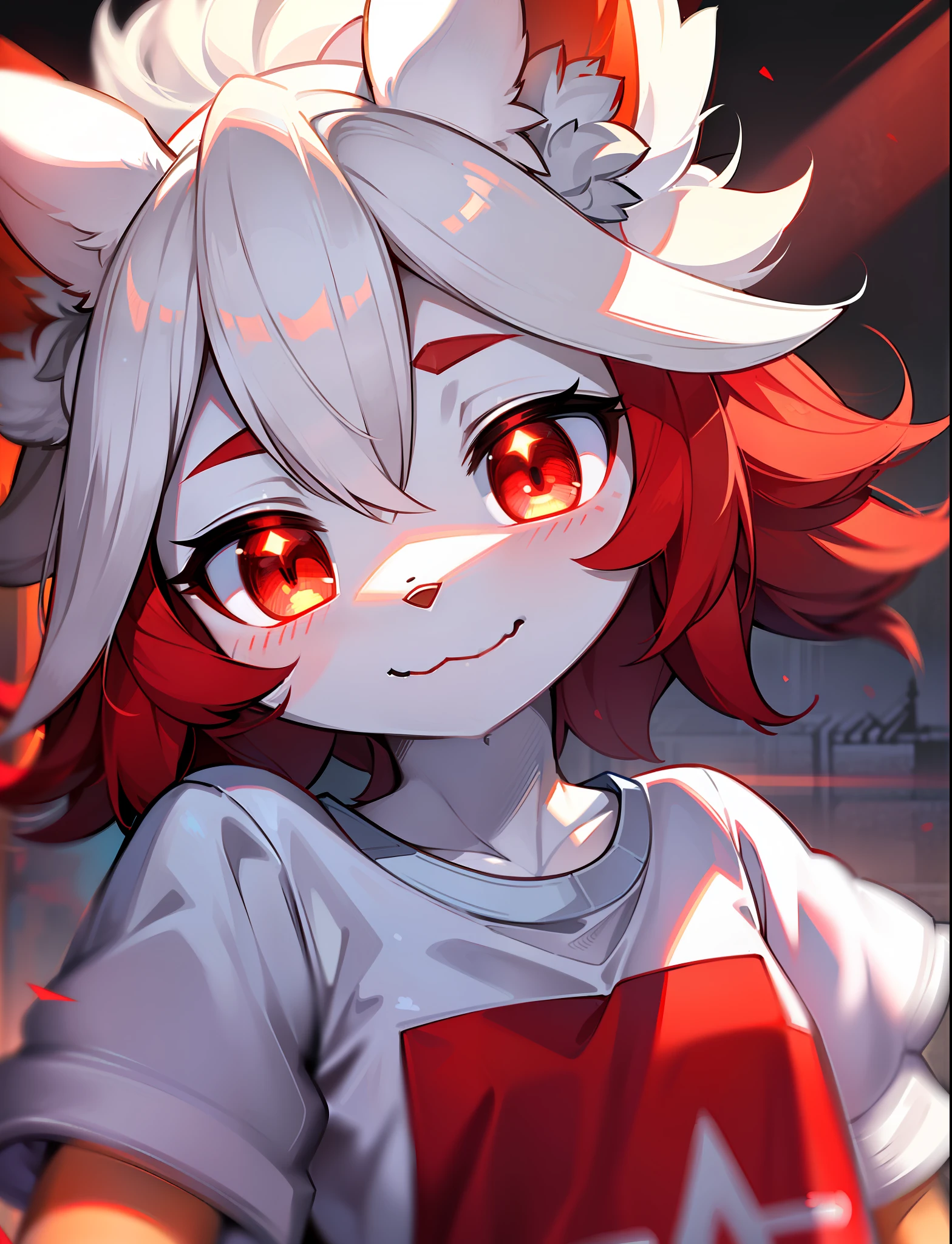 (furry, white fur, cute face, red elements on fur, glowing t-shirt),best illumination,best shadow,ambient light,(ultra detailed fur:1.3),(volumetric light:1.2)