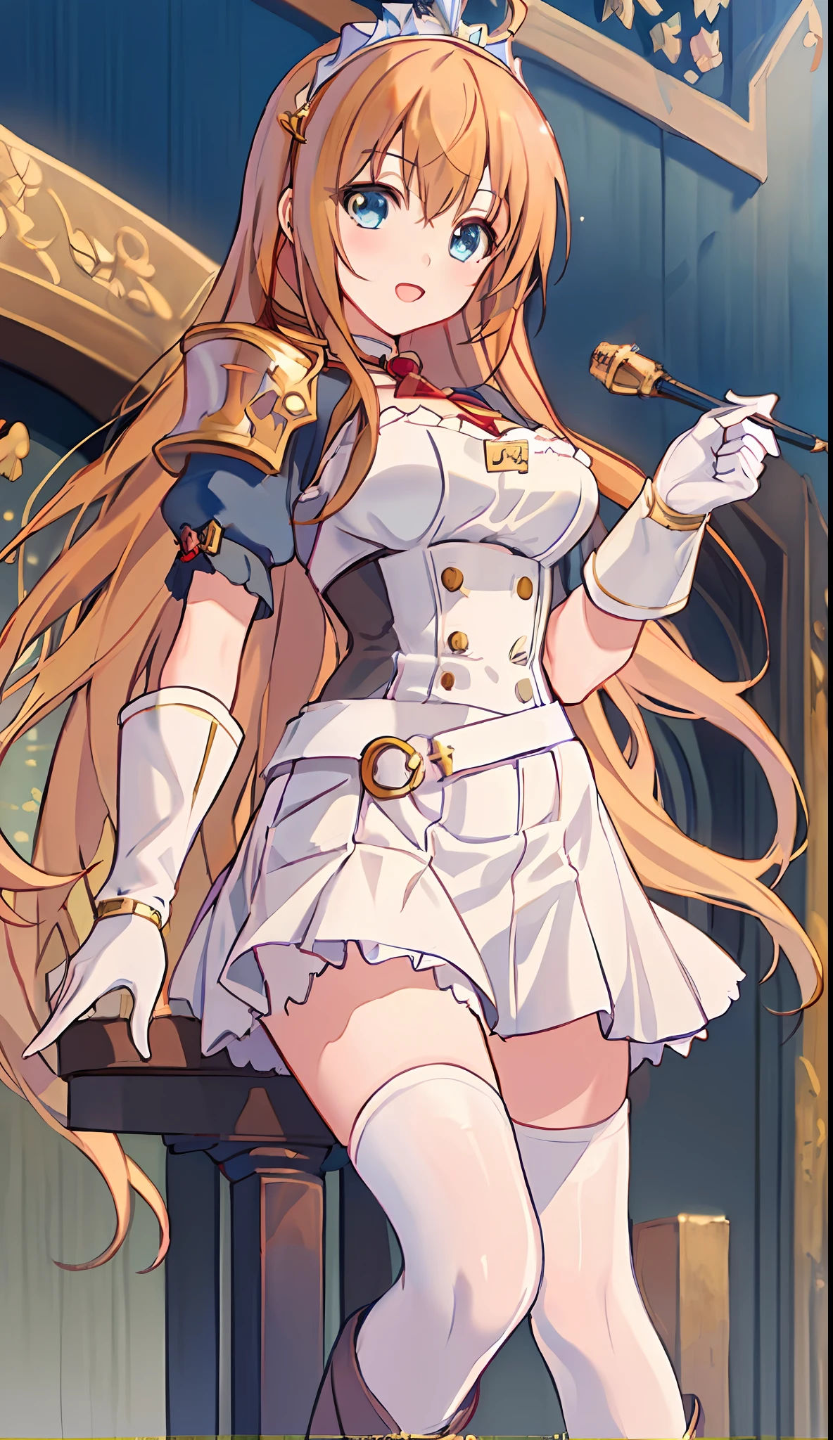 (((Masterpiece)))), (((Best Quality)))), (((Very detailed))), Precise fingers, Not too many fingers, Non-unnatural hands, Illustration, Ahoge on the top of the head, 1 girl, Solo, Golden Long Hair, Red Miniskirt, White Boots, Pecorine,