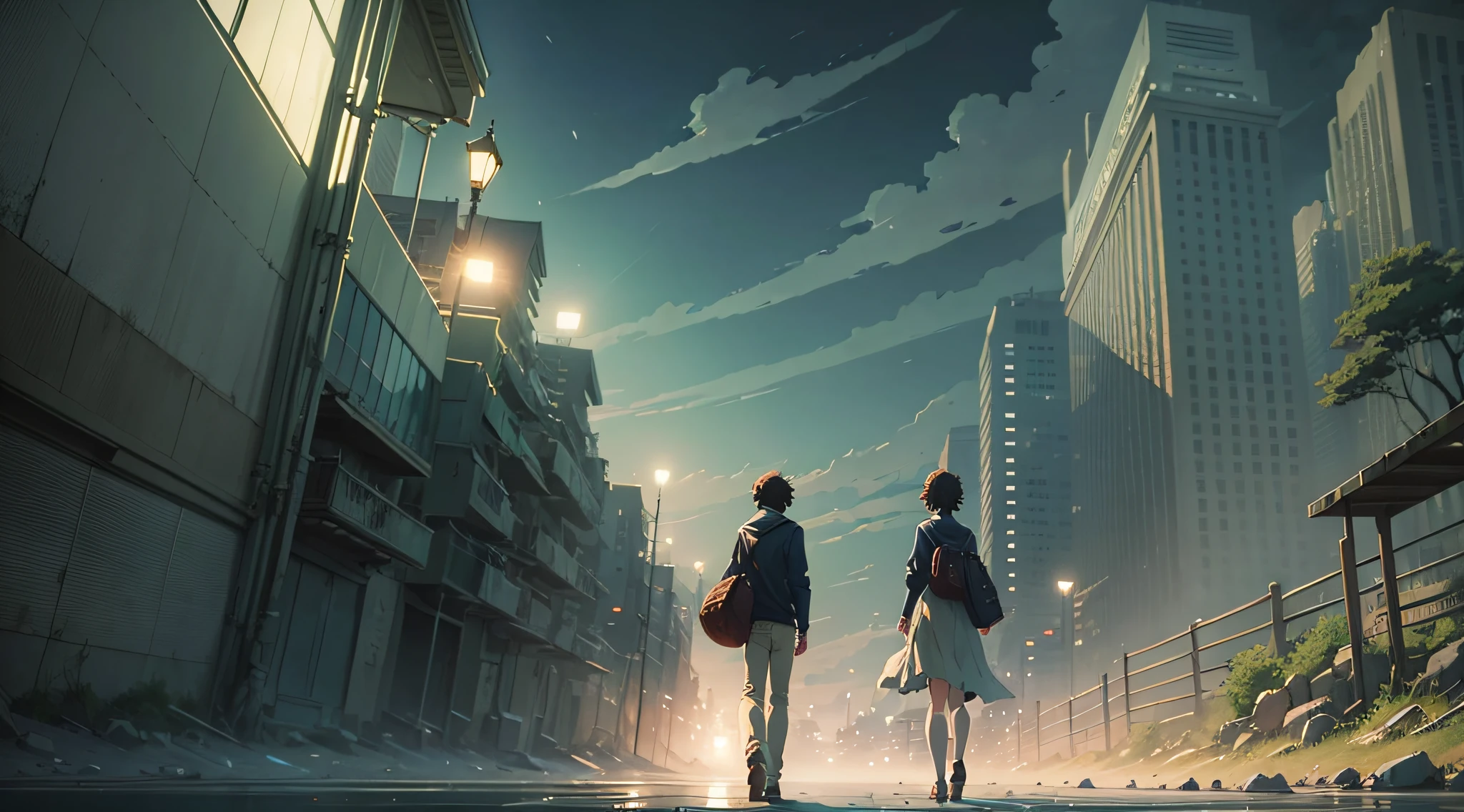 High-quality masterpiece, two men and two women in a haunted spot, scary, ghost, night, ruins, scary anime scenes, anime scenery, Makoto Shinkai's style, enhanced details. --auto --s2