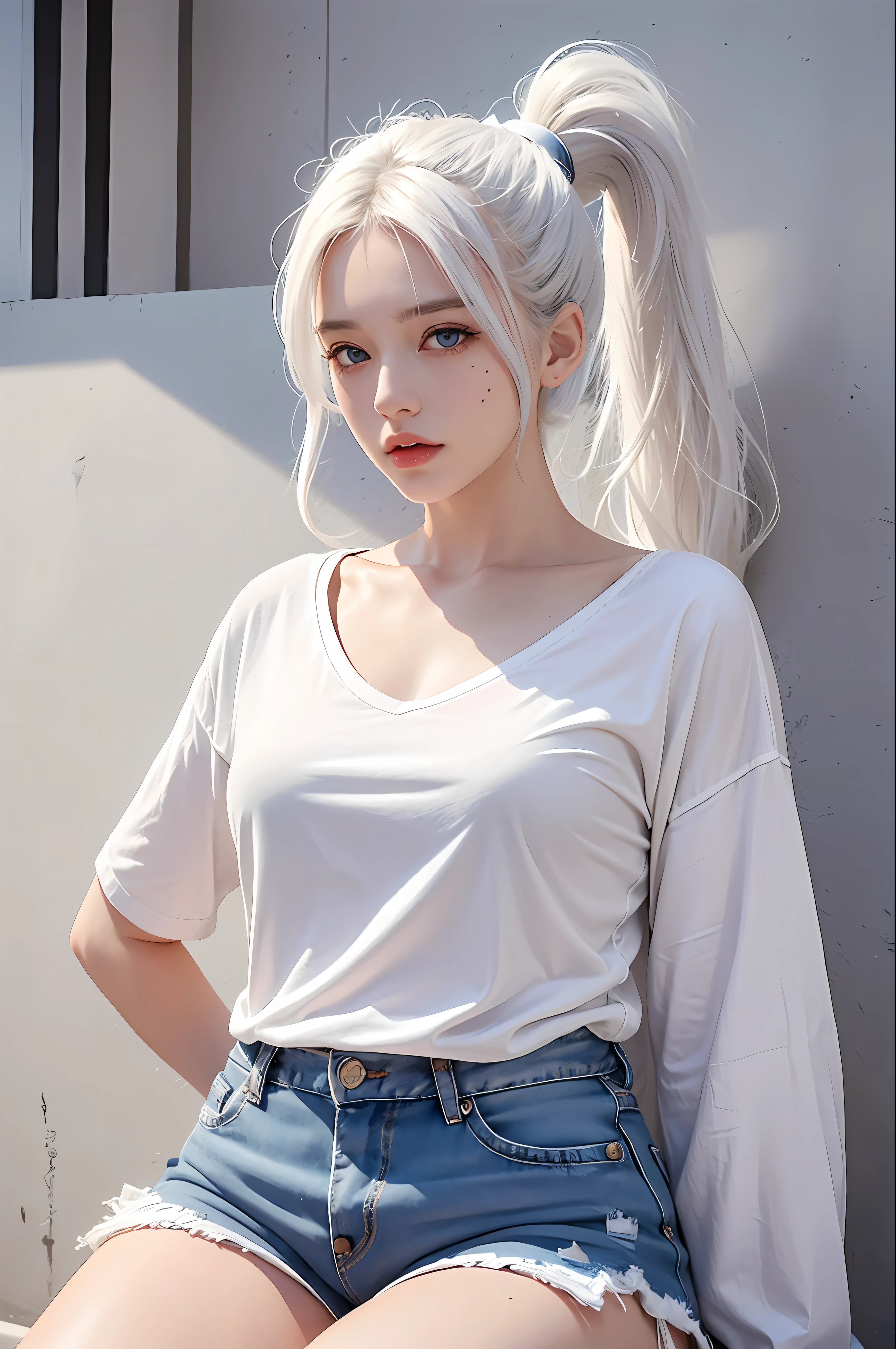 photorealistic, high resolution, 1 girl, pony tail white hair, korean, blue eyes, small mole below eye, loose white shirt, tight jean shorts, medium ?????, perky, thick thighs