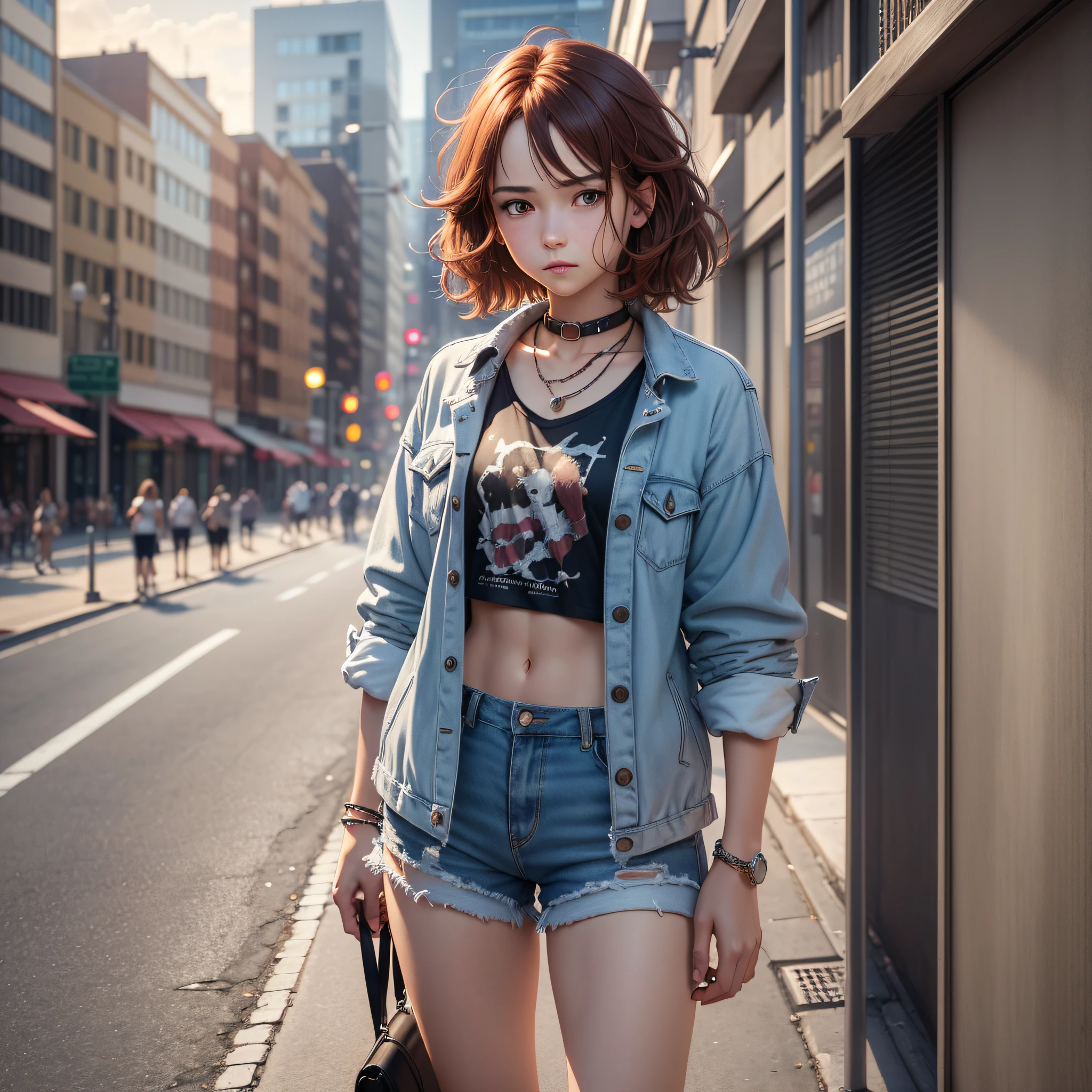 ((medium chest, tomboyish girls, small head)), daylight, sunlight, (short wavy hair: 1.2) , auburn hair, collar, chain, full body shot, crowded street, wearing white shirt, denim jacket, ((shorts)), (extremely detailed CG 8k wallpaper), (an extremely delicate and beautiful one), (masterpiece), (best quality: 1.0), (ultra highres: 1.0), beautiful lighting, perfect lighting, realistic shadows,  [highres], detailed, ultra-detailed skin --auto --s2