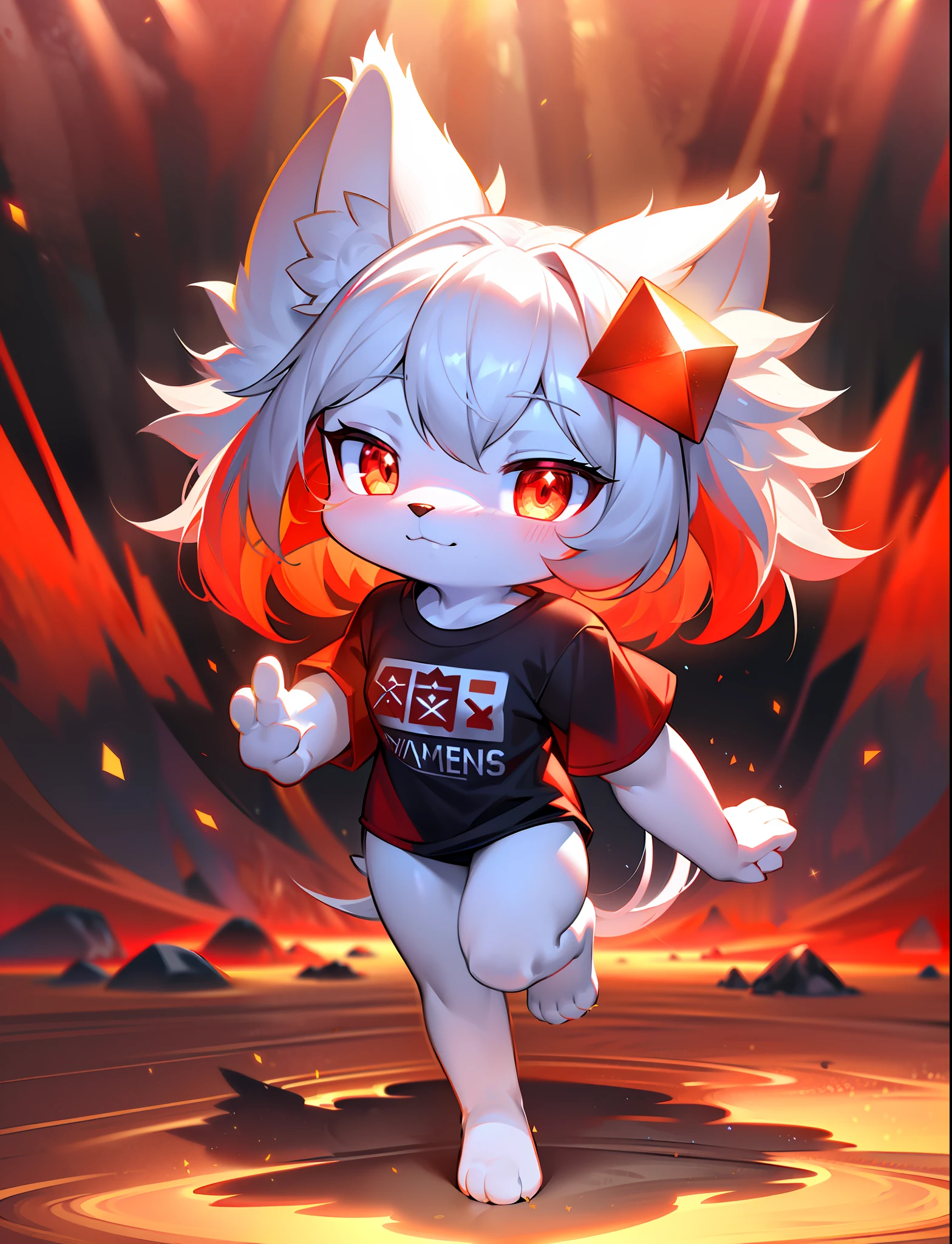 (furry, white fur, cute face, red elements on fur, glowing t-shirt),best illumination,best shadow,ambient light,(ultra detailed fur:1.3),(volumetric light:1.2), (fullbody:1.3)