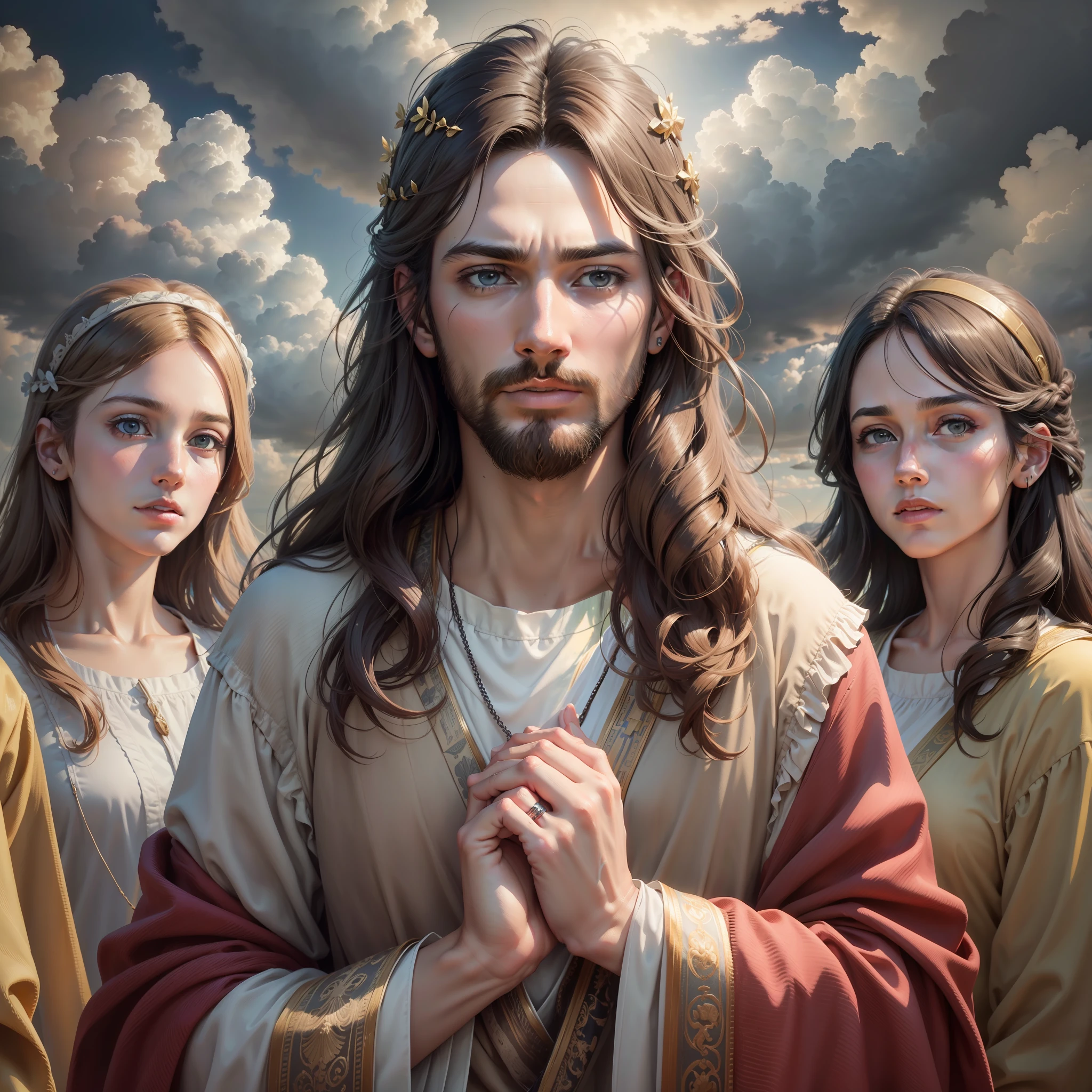 mix4,(8k, RAW photo, best quality, masterpiece: 1.2), (realistic, photo-realistic: 1.37),jesus facing very detailed face, behind a very beautiful sky with several angels