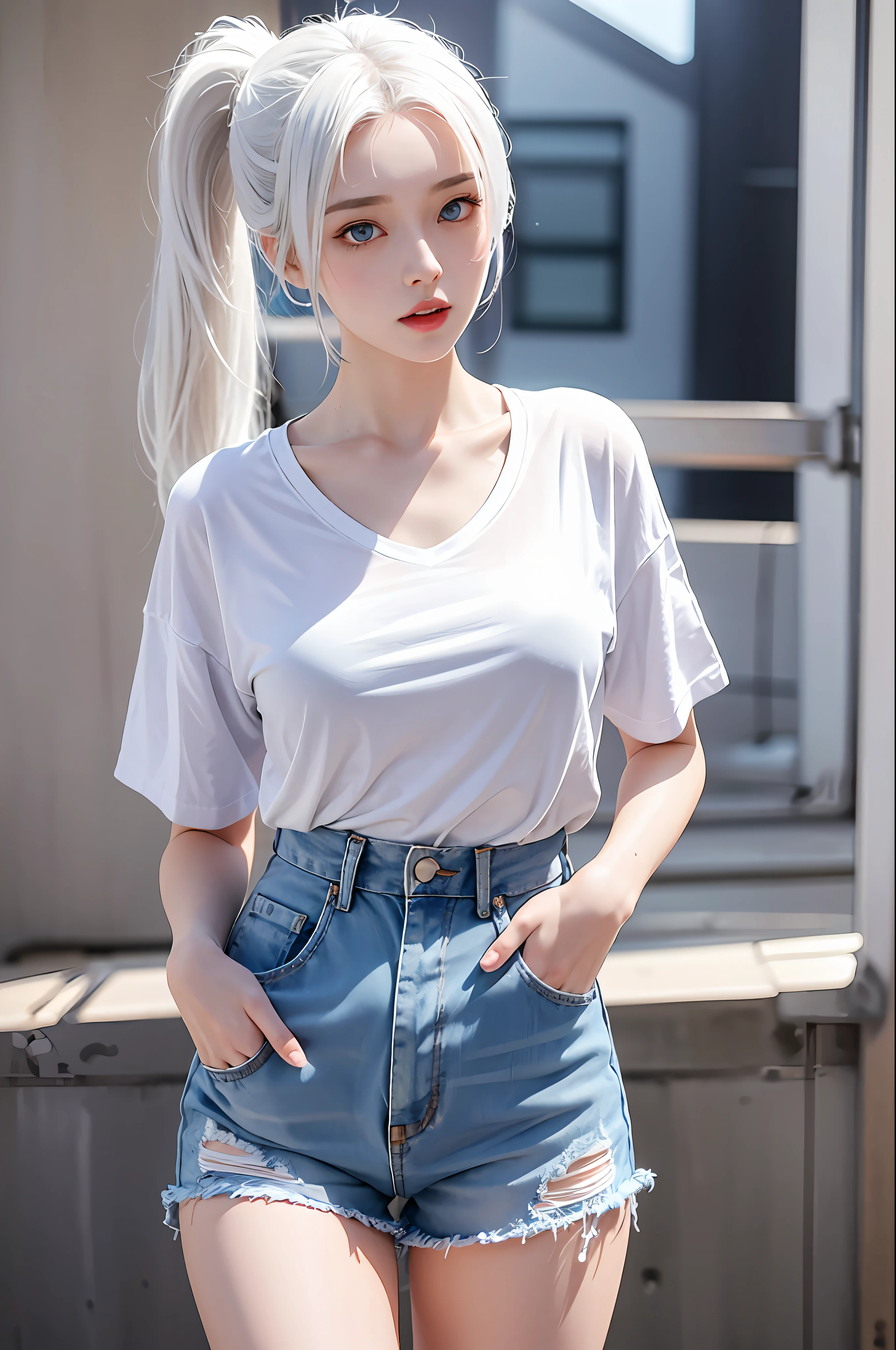 Realistic, high resolution, 1 girl, ponytail white hair, korean, blue eyes, shirt, skinny denim shorts, mid-chest, thin waist, thighs