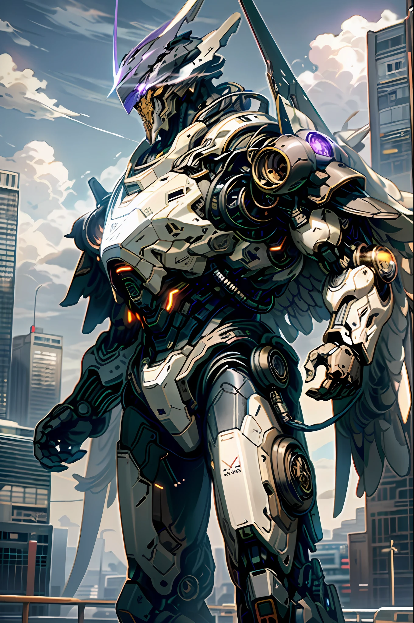 sky, clouds, holding weapon, no humans, glowing, state-of-the-art big robot, building, glowing eyes, science fiction, city, real, state-of-the-art big mech, purple fuselage, mechanical wings, humanoid and huge
