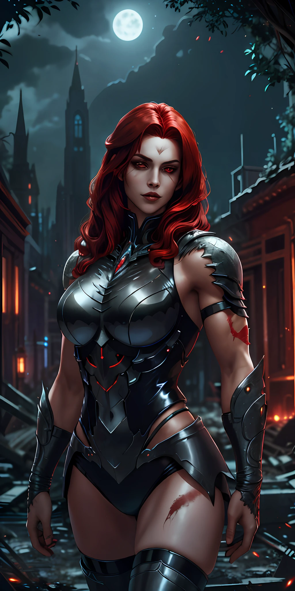 A gorgeous vampire with silky, shiny red hair, sexy and confident woman stands imposing in an abandoned haunted lost city. Moonlight highlights your muscles and scars. The scenery is lush and mysterious, with dark city and surroundings. The camera details everything, a warrior woman, in front of him.