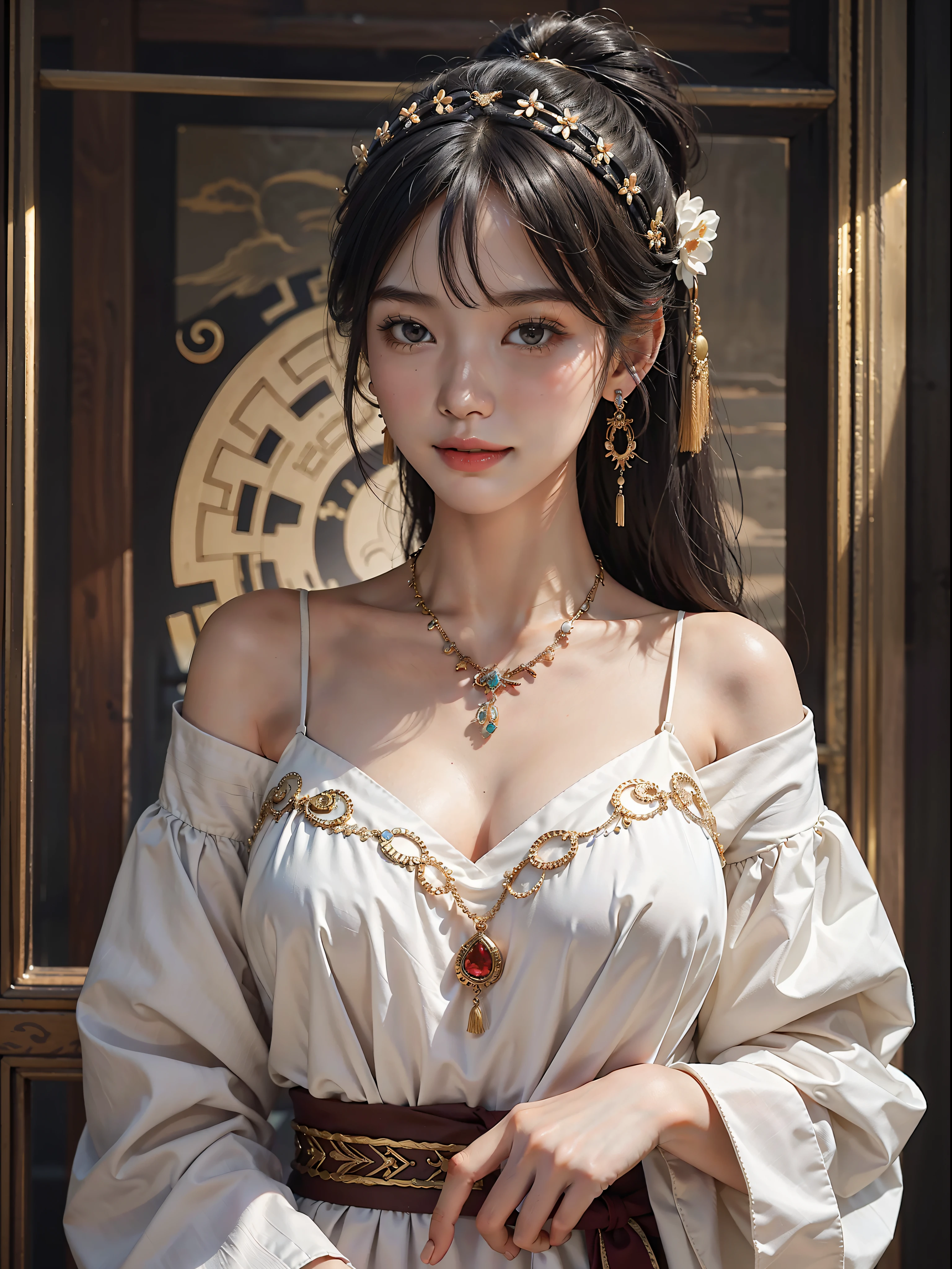 Best quality, masterpiece, detailed skin texture, detailed cloth texture, detailed face, super detail, 8k, intricate detail, 1girl, black hair, bangs, ancient Chinese background, thin, collarbone, headdress, earrings, bun, hair ornament, jewelry necklace, smile, full body photo