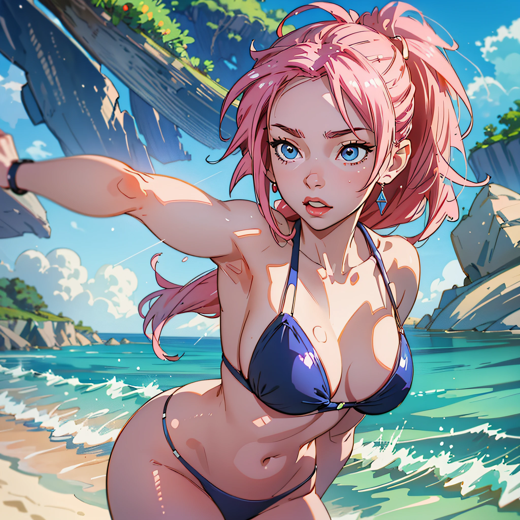 best quality, ultra-detailed CG unity 8k wallpaper featuring Sakura Haruno in a dynamic pose wearing a blue bikini, at the beach with crystal clear water and white waves, beautiful sunshine, and a serene blue sky. --auto --s2