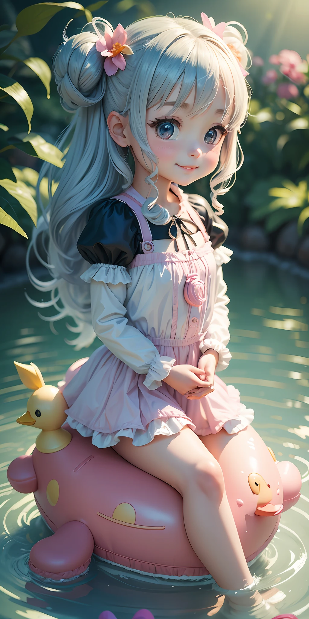 Image of a statue of a little girl riding an inflatable duck, a super cute girl with a smile, big watery eyes, smart and cute, big watery eyes, many flowers and bubbles, Popmart toys, macaron color scheme, soft, dreamy scenes, glass as material,-- AR 4:5 --niji 5 --s 180 --style expression, detailed presentation with 3D rendering technology, rendering a cute 3D anime girl
