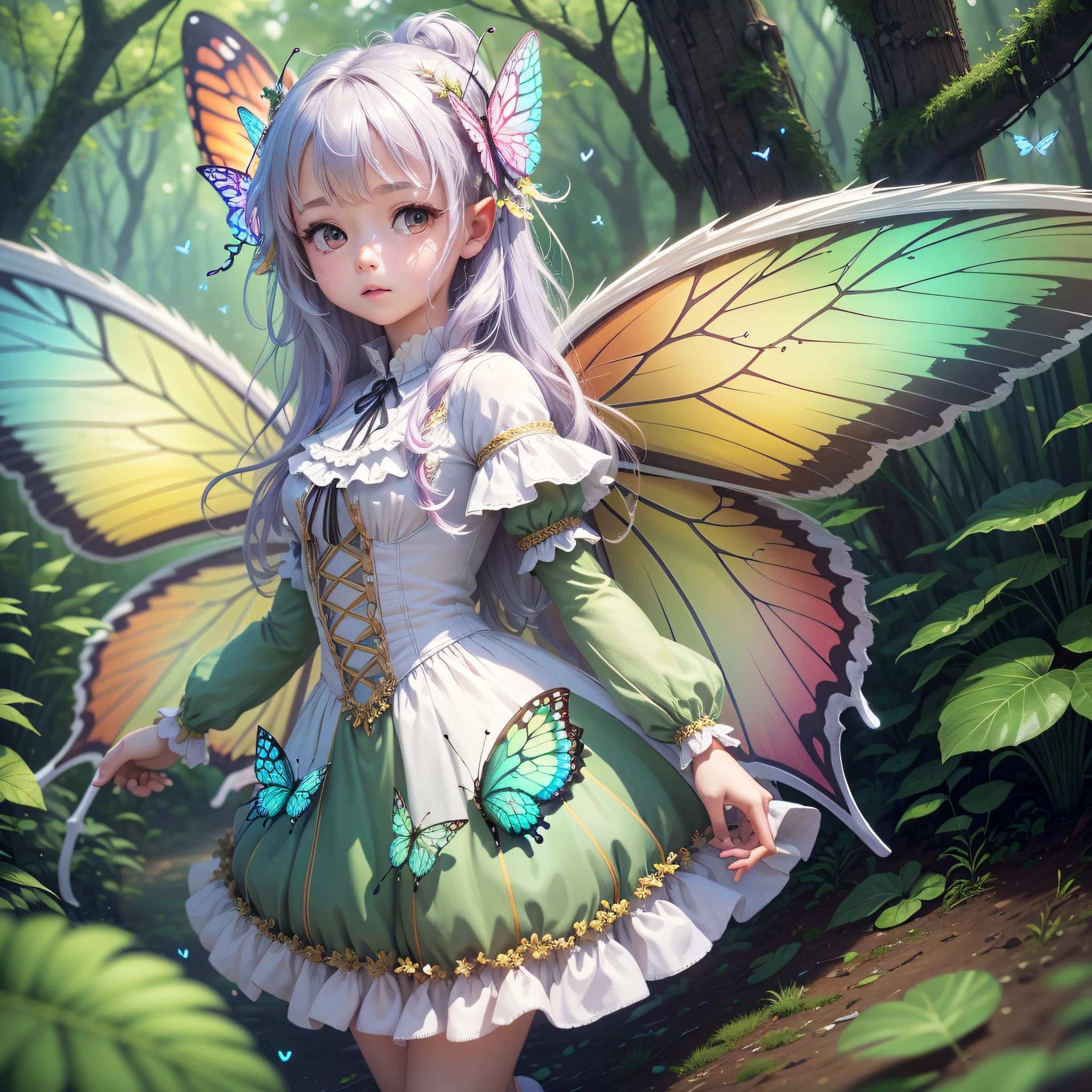 (extremely detailed CG unity 8k wallpaper, masterpiece, best quality, ultra-detailed), floating, fantasy world, cute white dress, tiny fairy girl, colourful butterfly wings, vibrant forest. --auto --s2